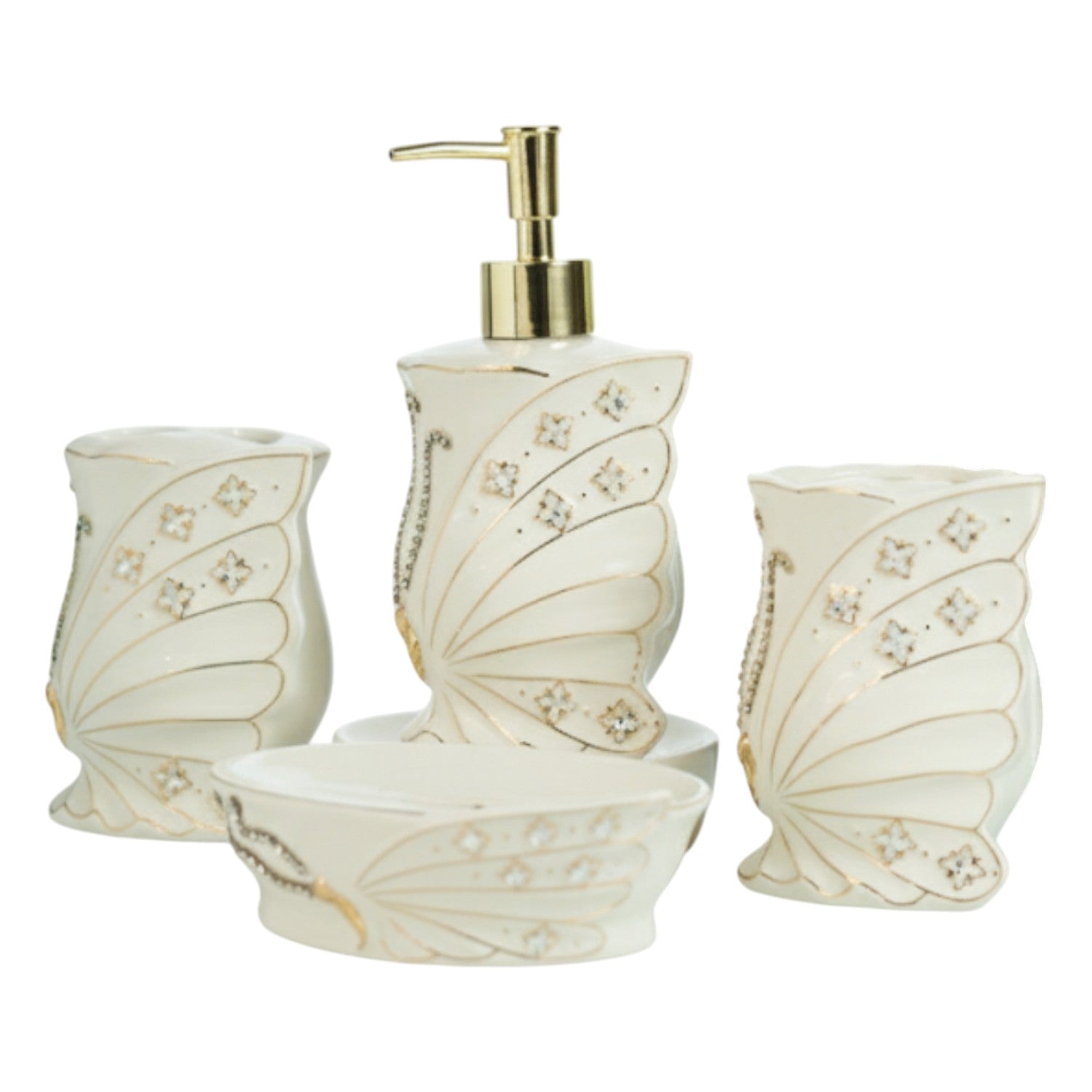 Ceramic Bathroom Accessories Set of 4 with Soap Dispenser, White (12248)