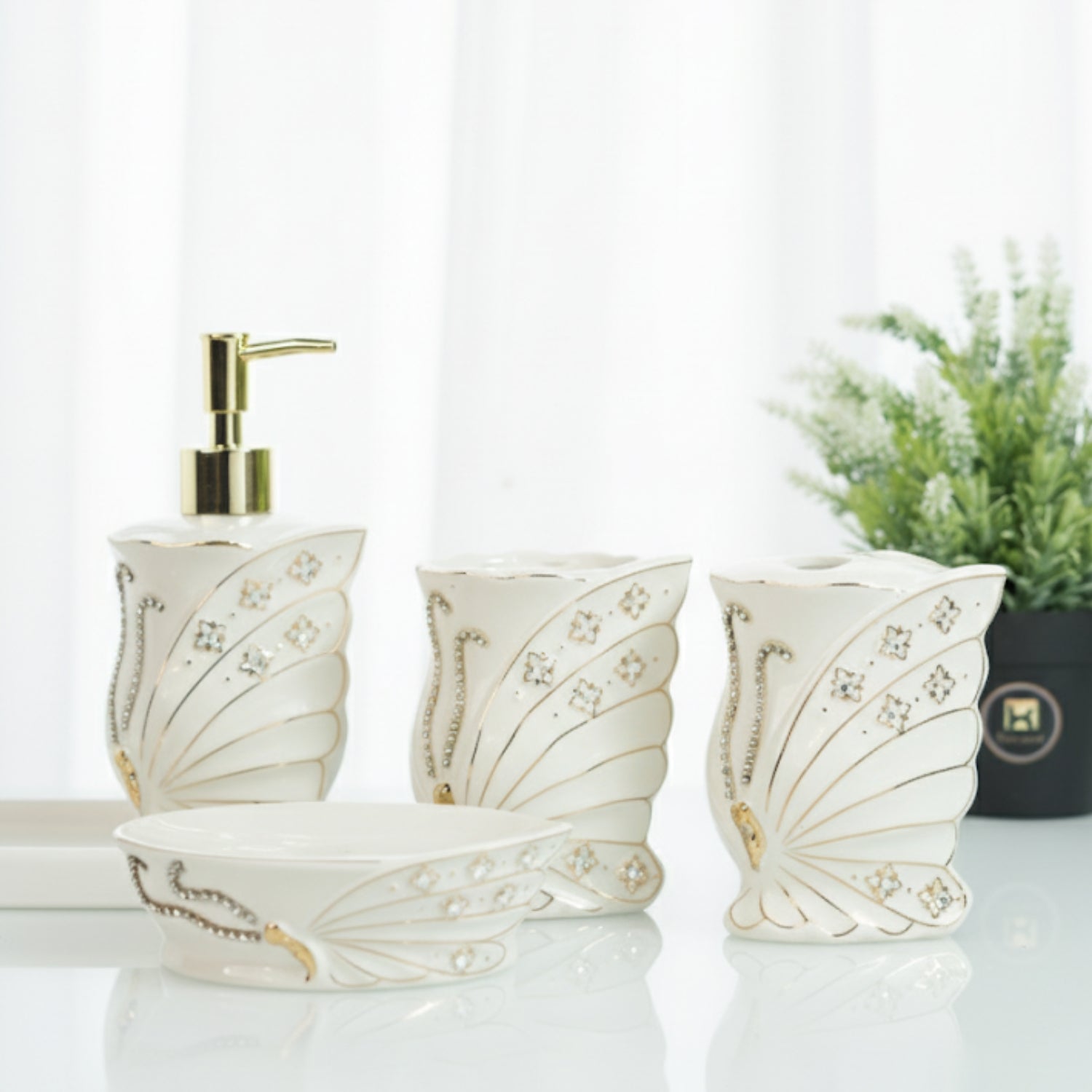 Ceramic Bathroom Accessories Set of 4 with Soap Dispenser, White (12248)