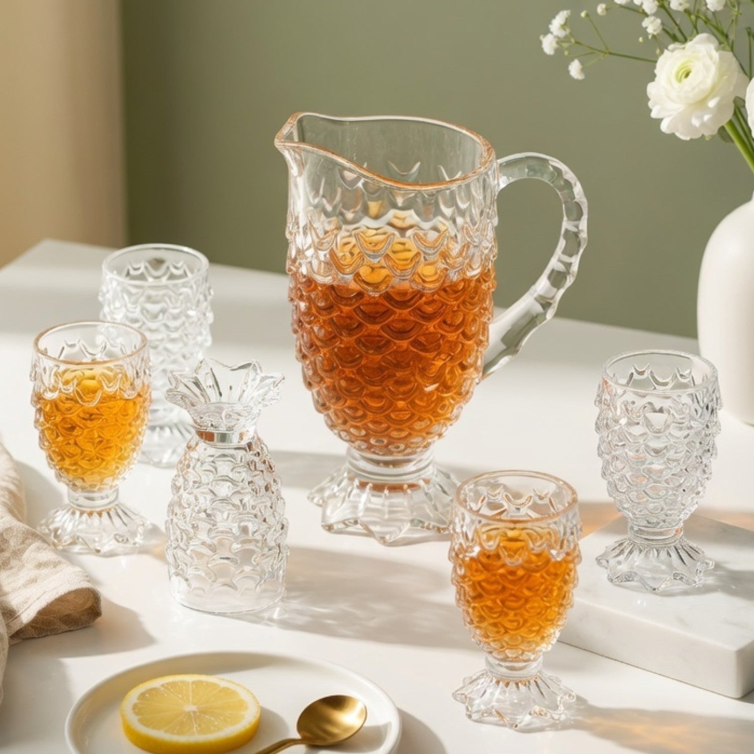 Vintage Hobnail Textured Glass Jug Set 7 Pc | Embossed Pitcher with 6 Tumblers | Premium Transparent Drinkware for Water, Juice & Cocktails