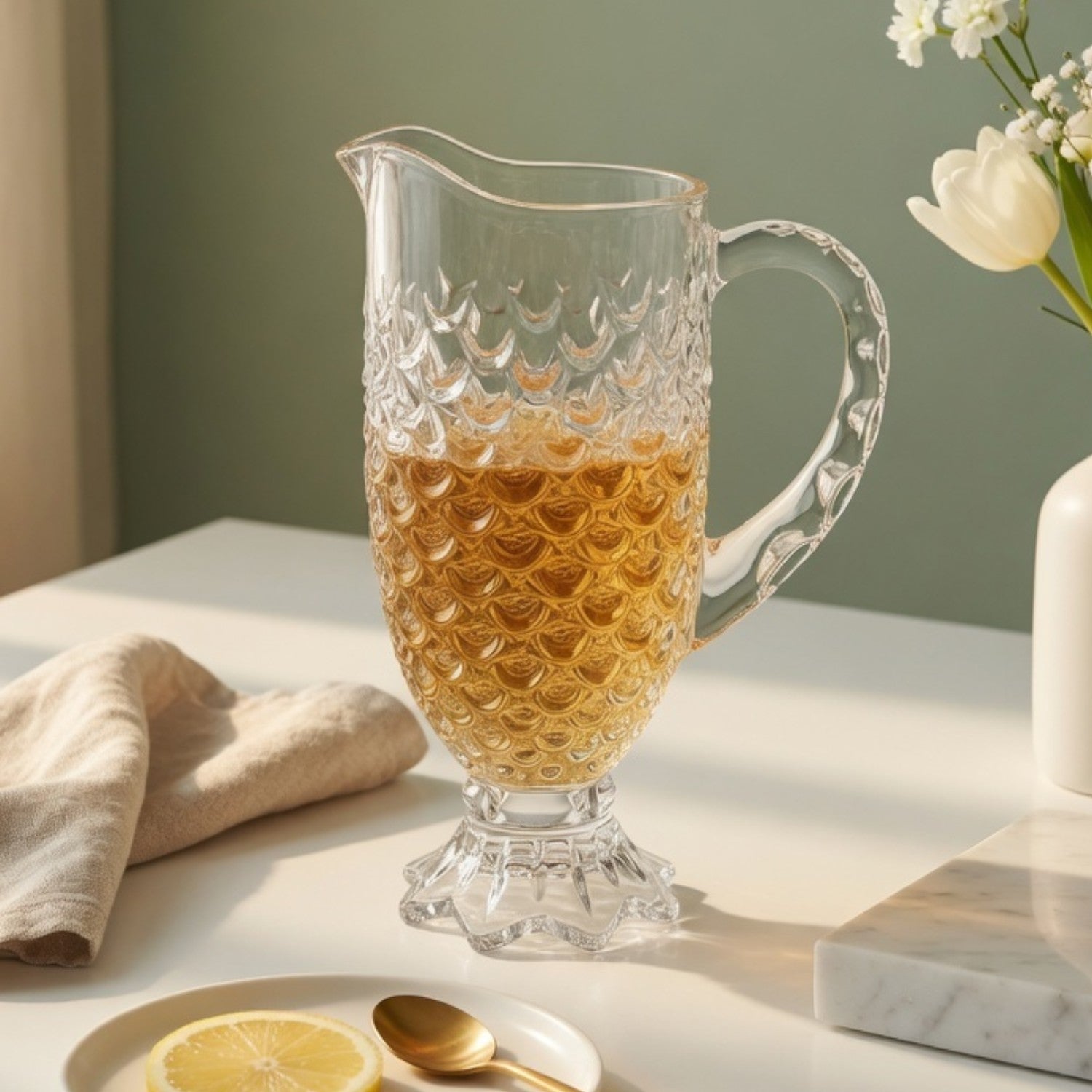 Vintage Hobnail Textured Glass Jug Set 7 Pc | Embossed Pitcher with 6 Tumblers | Premium Transparent Drinkware for Water, Juice & Cocktails