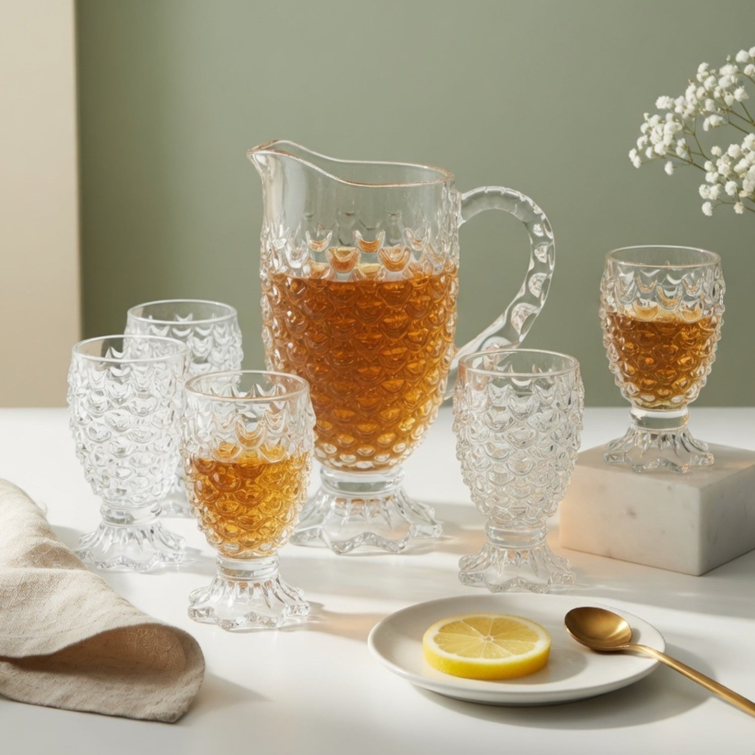 Vintage Hobnail Textured Glass Jug Set 7 Pc | Embossed Pitcher with 6 Tumblers | Premium Transparent Drinkware for Water, Juice & Cocktails