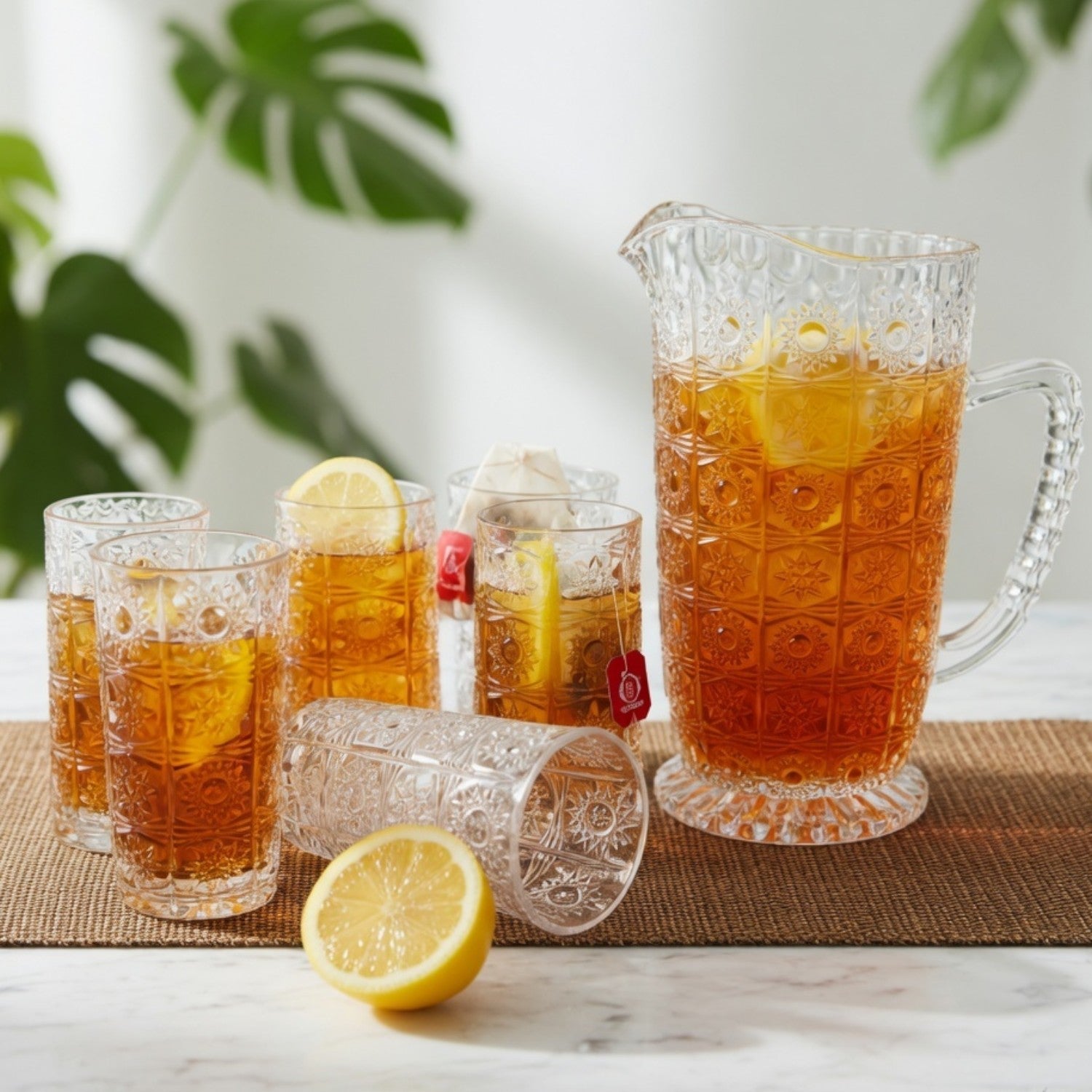 Vintage Embossed Glass Jug Set 7 Pc | Textured Panel Design Pitcher with 6 Tumblers | Premium Transparent Drinkware for Water, Juice & Cocktails