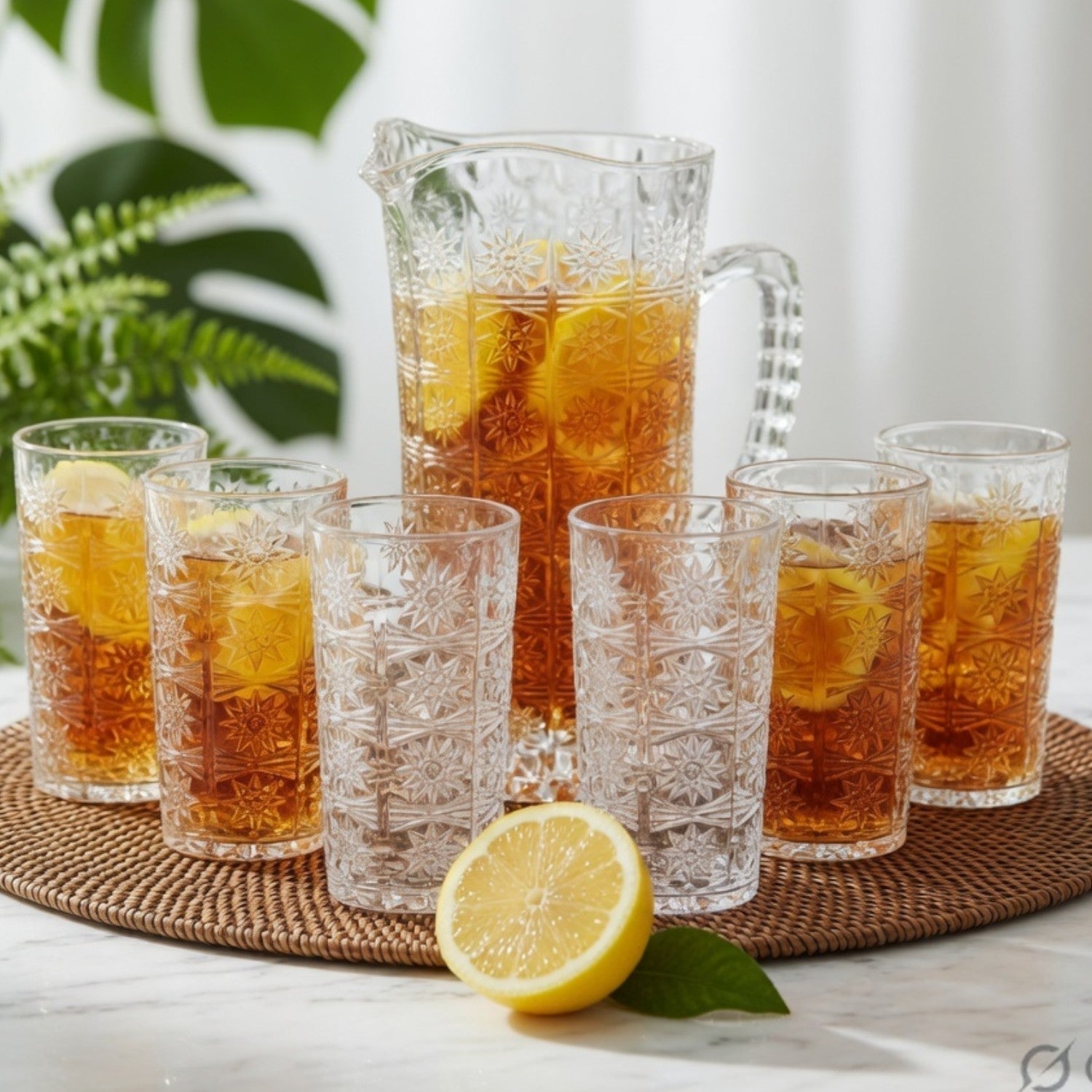 Vintage Embossed Glass Jug Set 7 Pc | Textured Panel Design Pitcher with 6 Tumblers | Premium Transparent Drinkware for Water, Juice & Cocktails