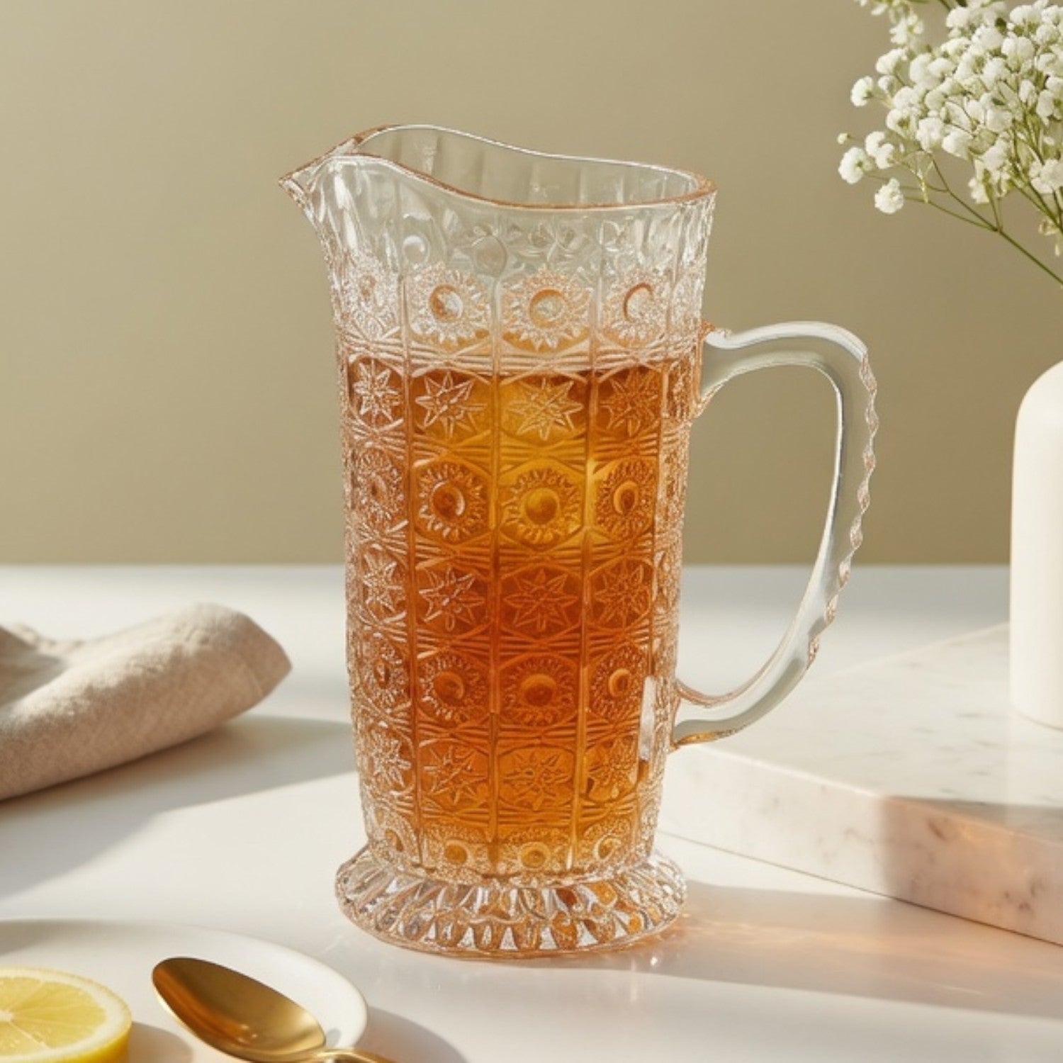 Vintage Embossed Glass Jug Set 7 Pc | Textured Panel Design Pitcher with 6 Tumblers | Premium Transparent Drinkware for Water, Juice & Cocktails