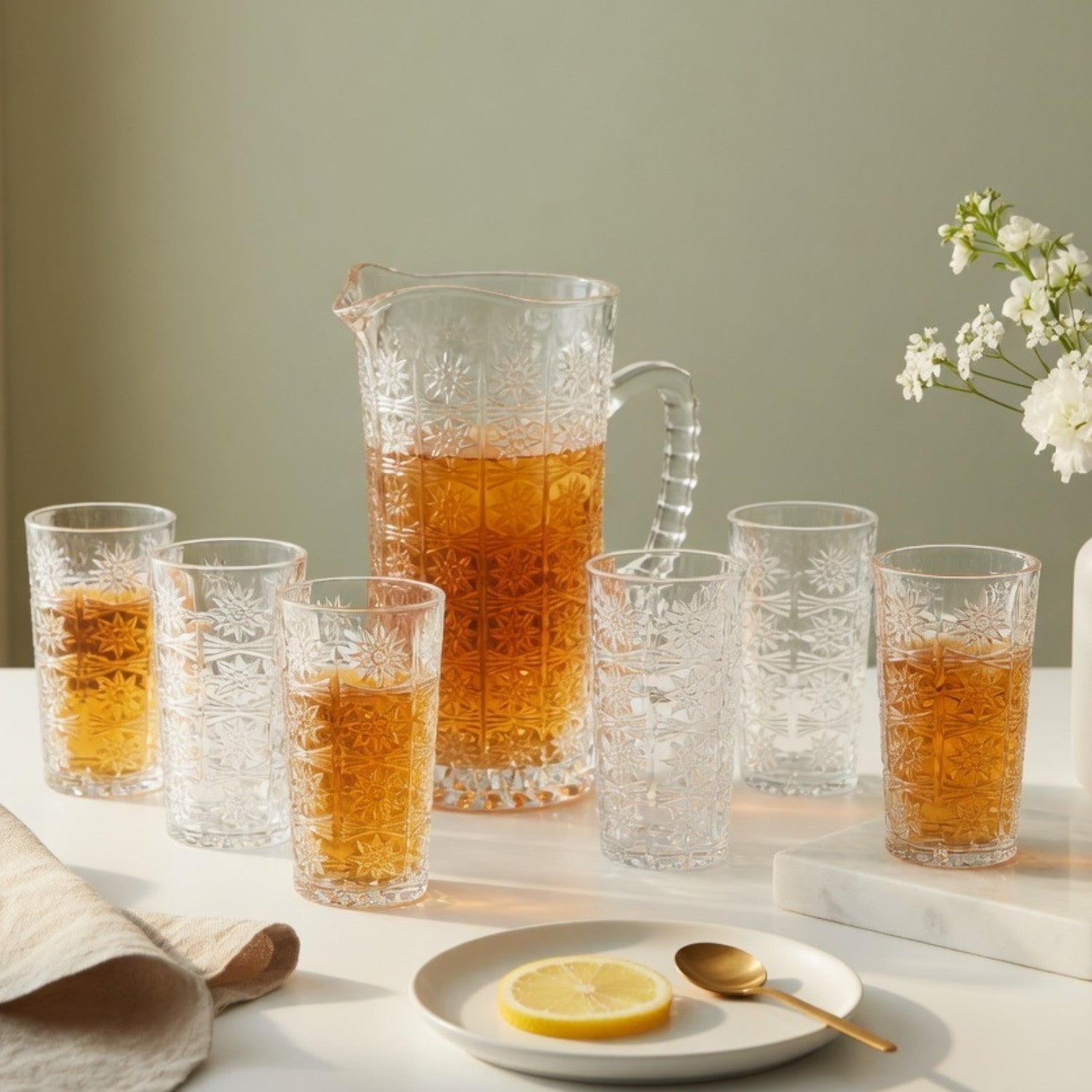 Vintage Embossed Glass Jug Set 7 Pc | Textured Panel Design Pitcher with 6 Tumblers | Premium Transparent Drinkware for Water, Juice & Cocktails