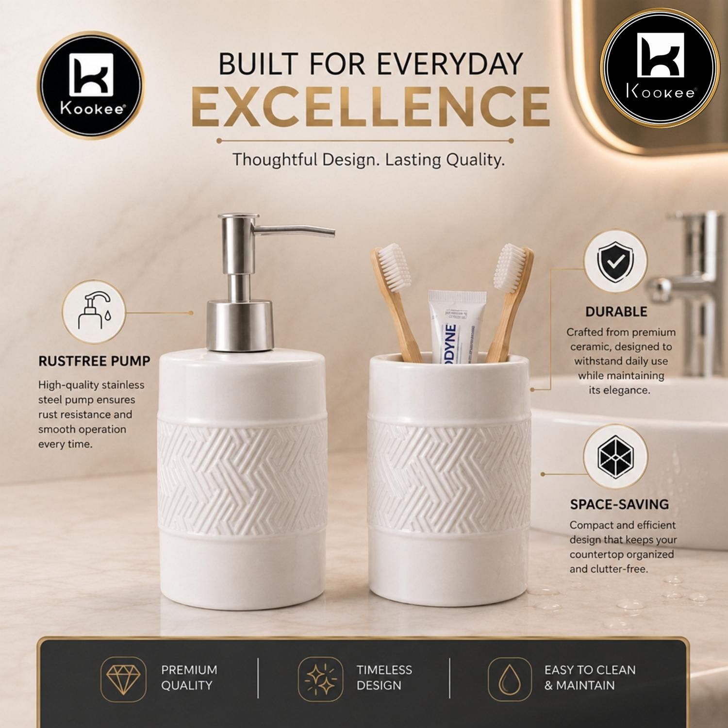 Kookee Ceramic Bathroom Sets, White, ART12345