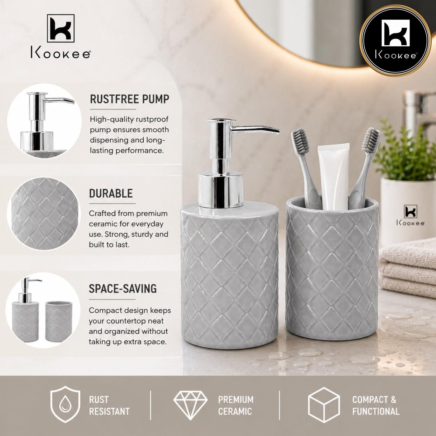 Kookee Ceramic Bathroom Sets, Grey, ART12352
