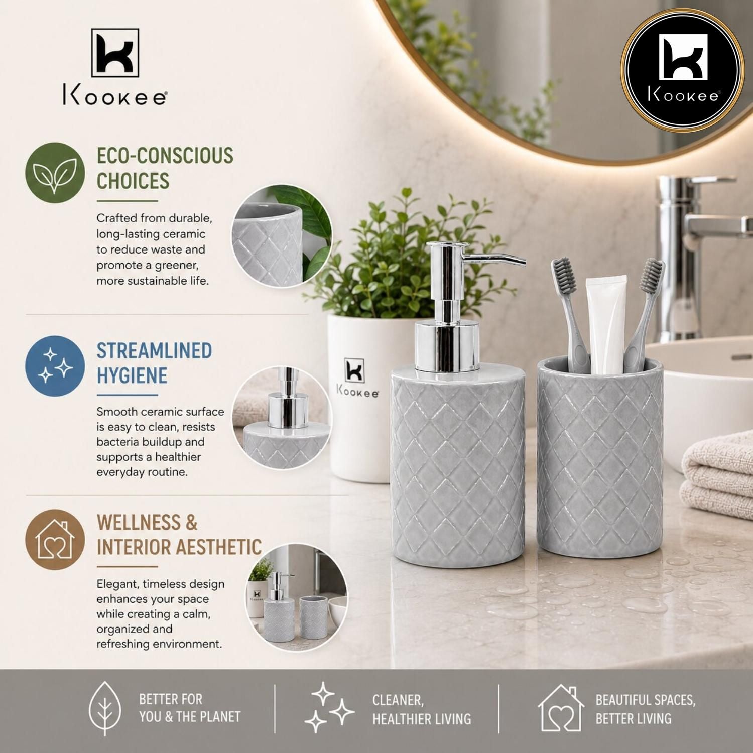 Kookee Ceramic Bathroom Sets, Grey, ART12352