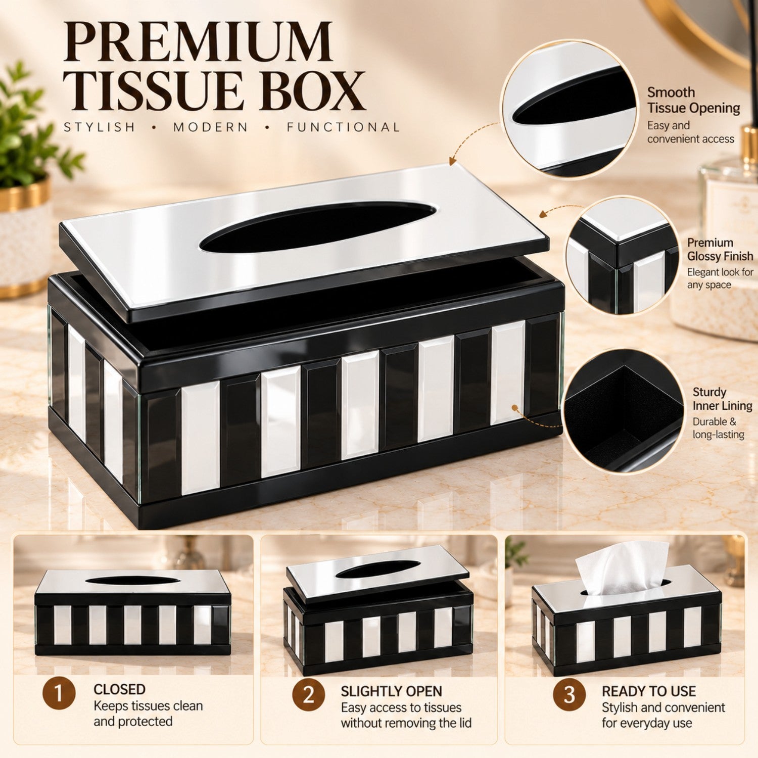 Kookee Glass Mirror Tissue Box for Home and Office Decor, Set of 1