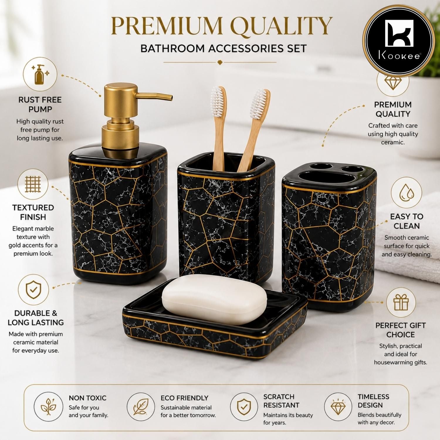 Kookee Ceramic Bathroom Sets, Black, ART12366
