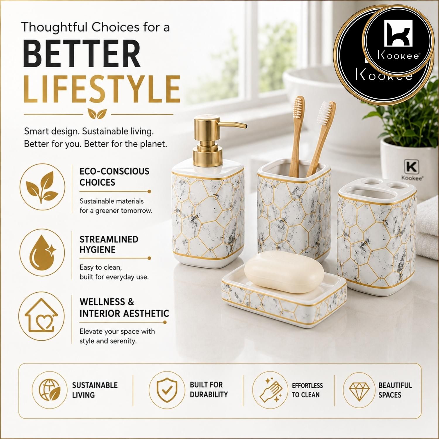 Kookee Ceramic Bathroom Sets, White, ART12367
