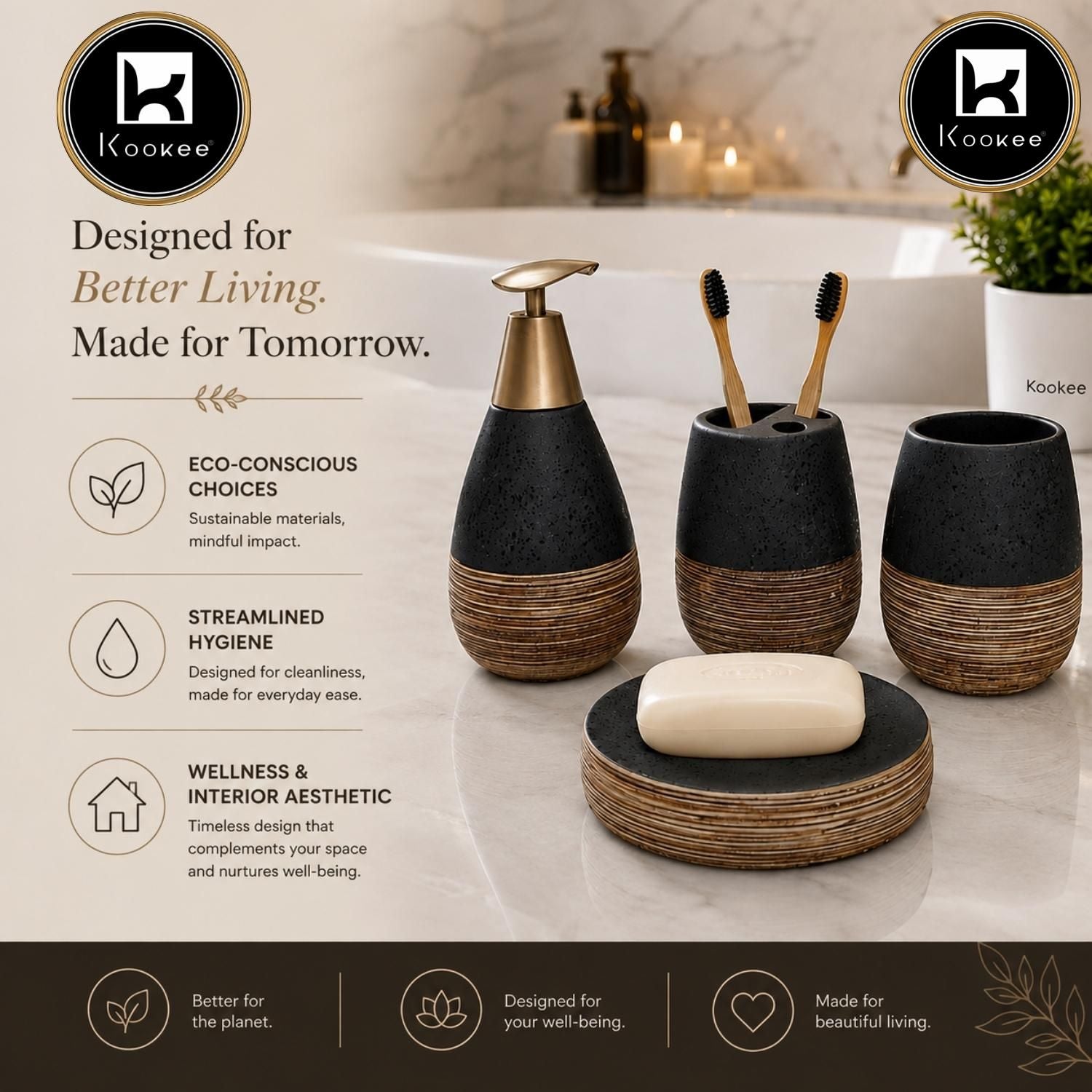 Kookee Ceramic Bathroom Sets, Black, ART12377