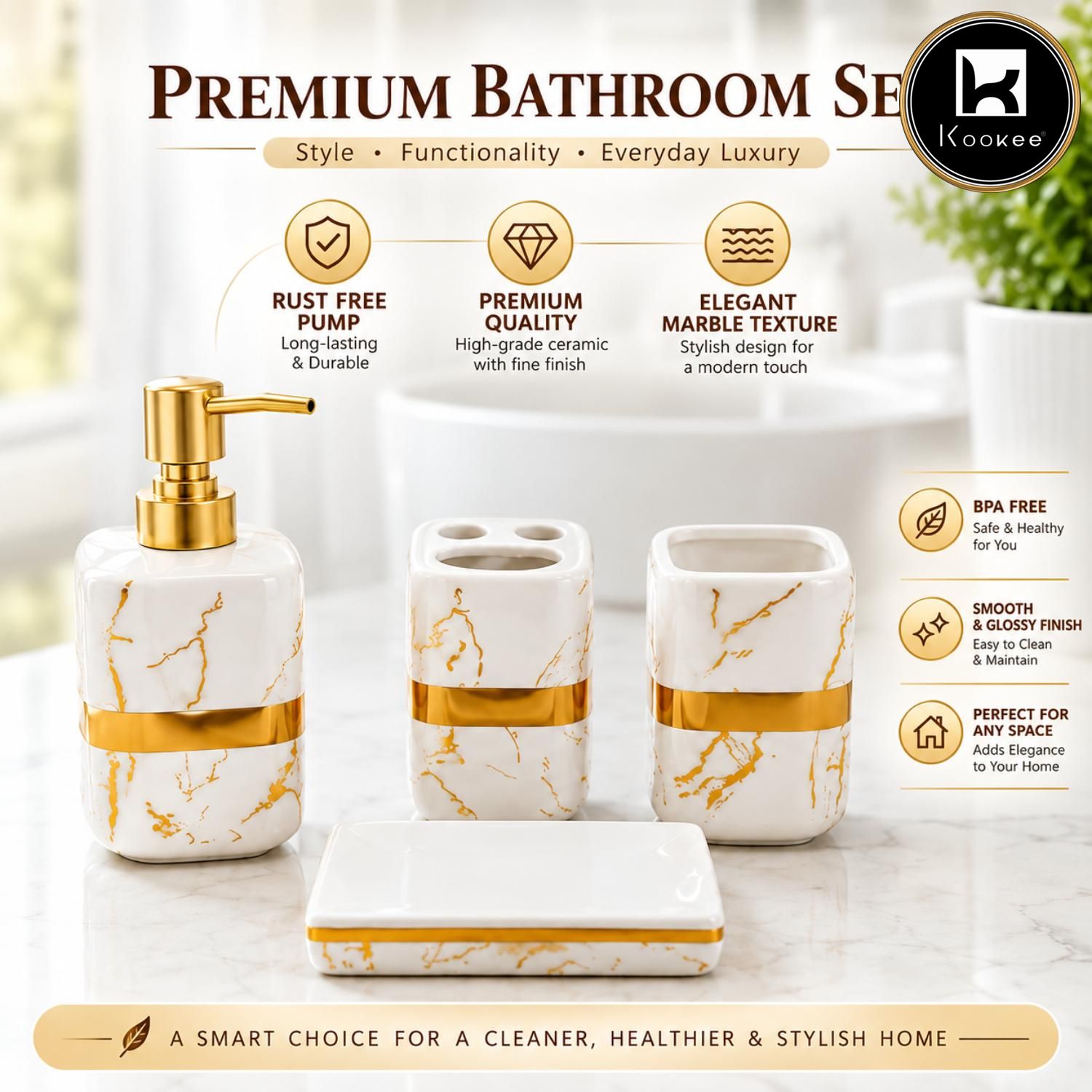 Kookee Ceramic Bathroom Sets, White, ART12383