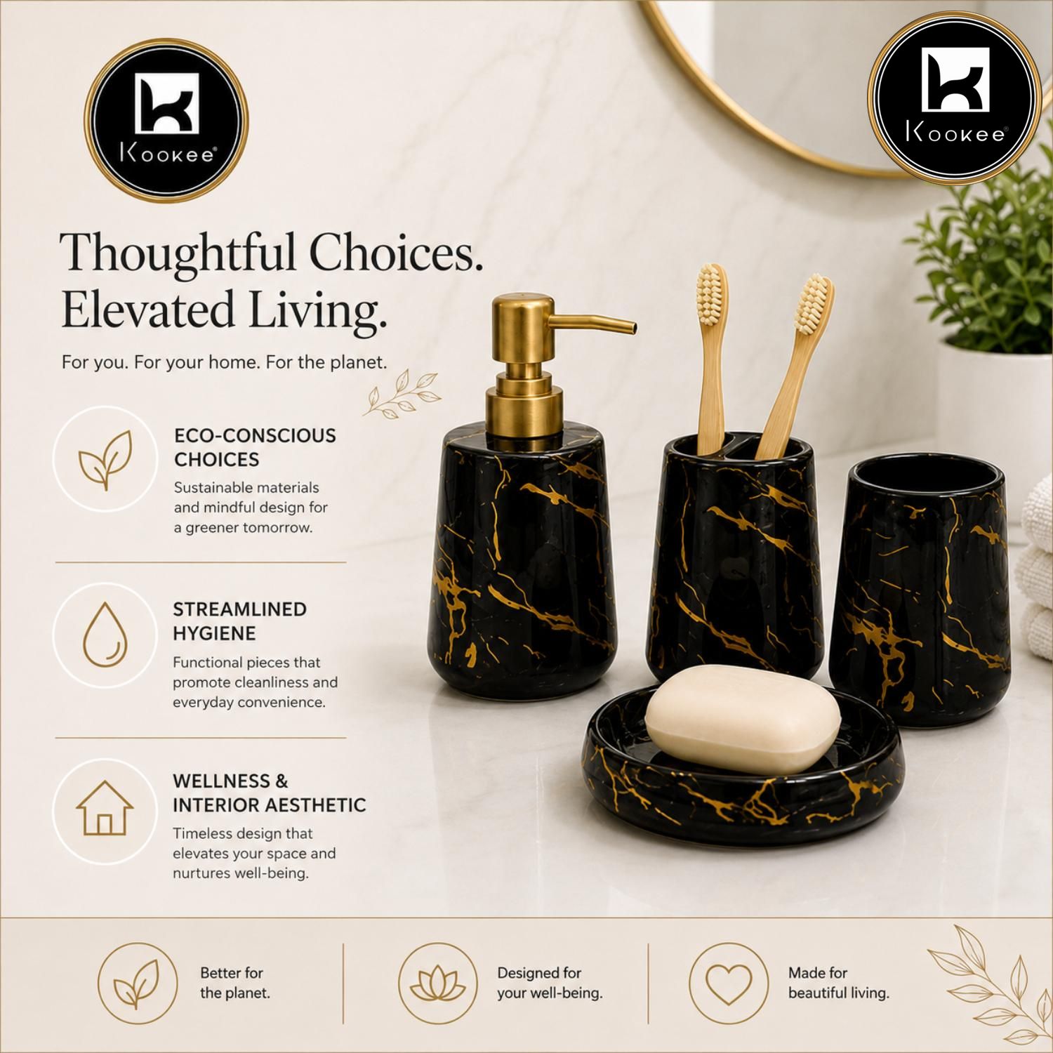 Kookee Ceramic Bathroom Sets, Black, ART12386