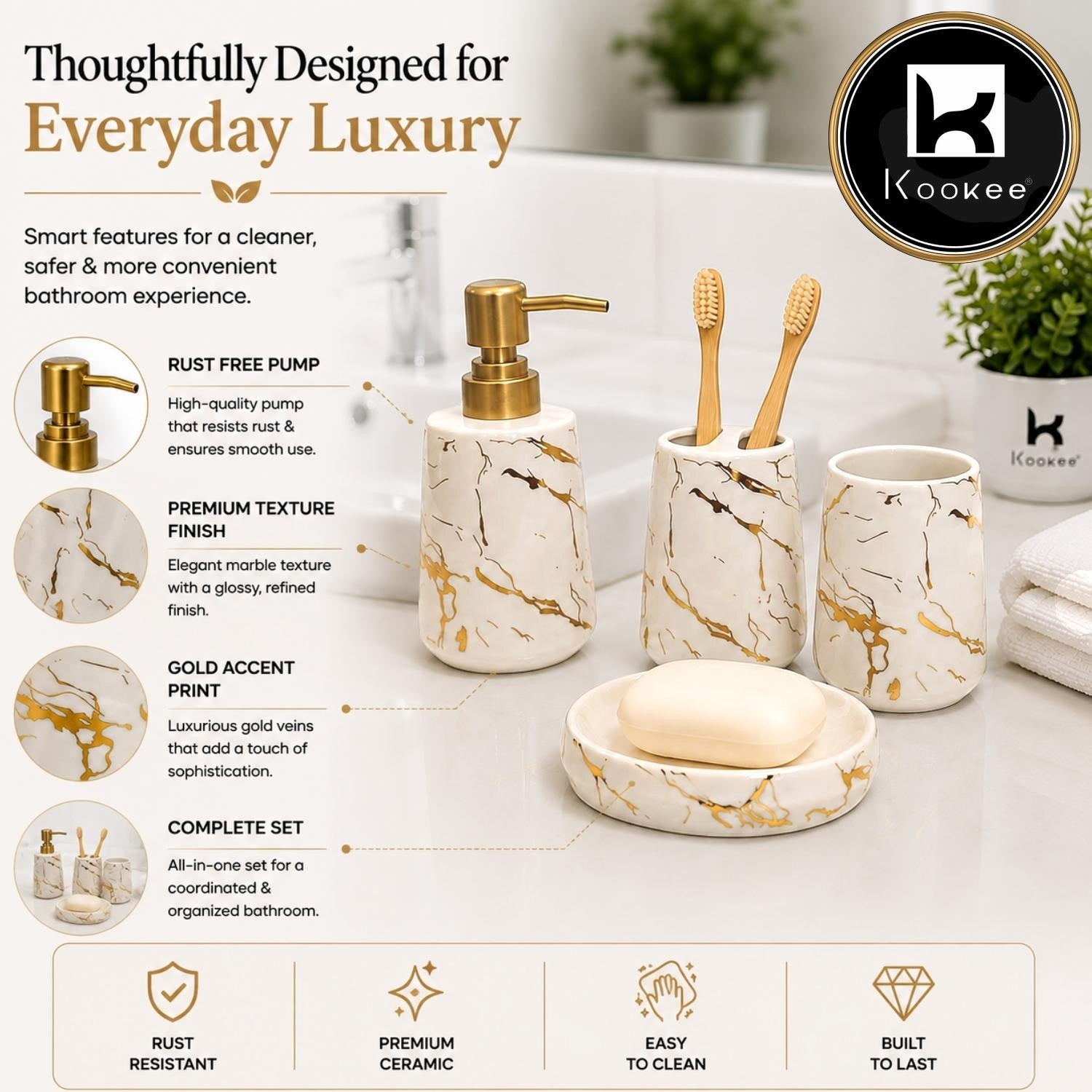Kookee Ceramic Bathroom Sets, White, ART12387
