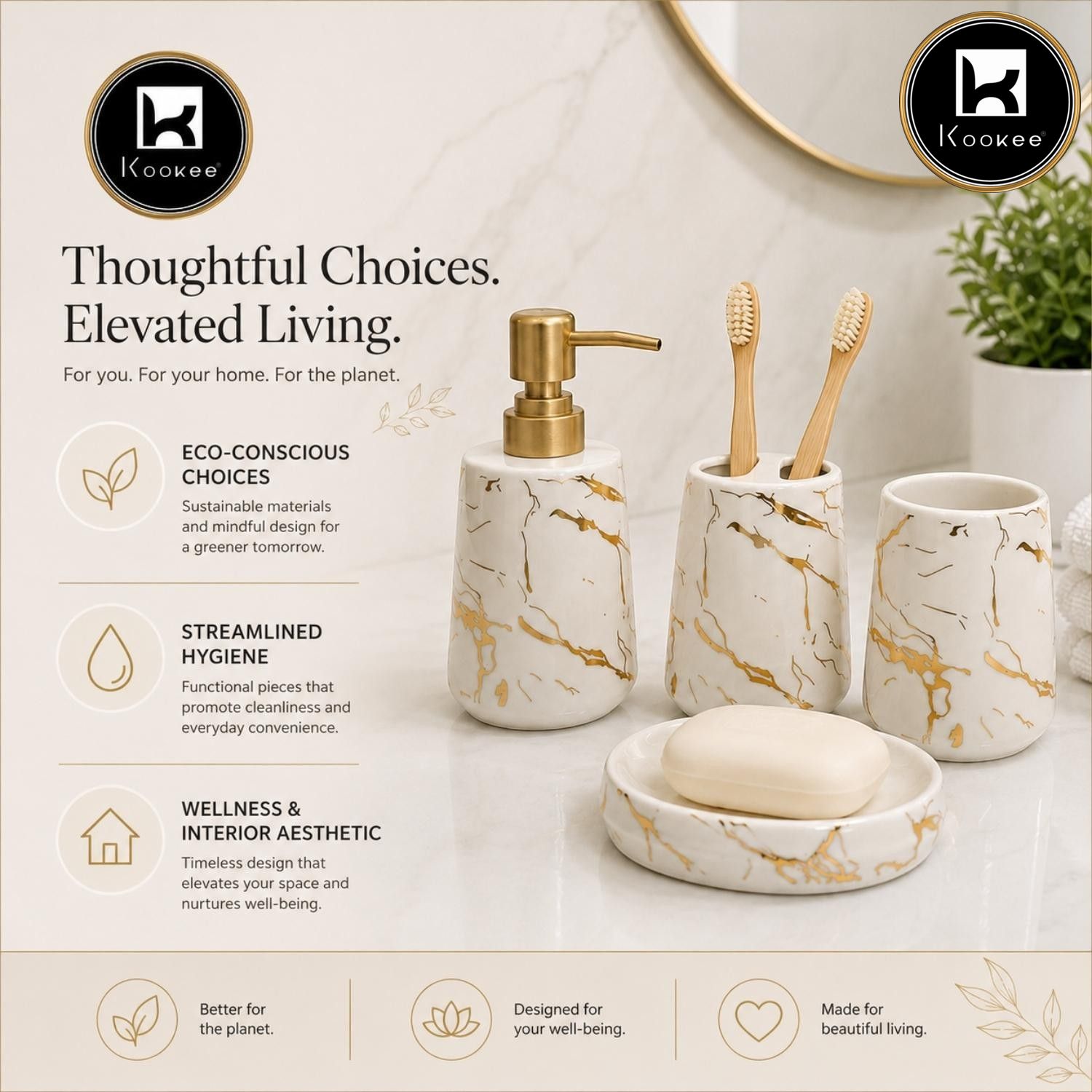 Kookee Ceramic Bathroom Sets, White, ART12387