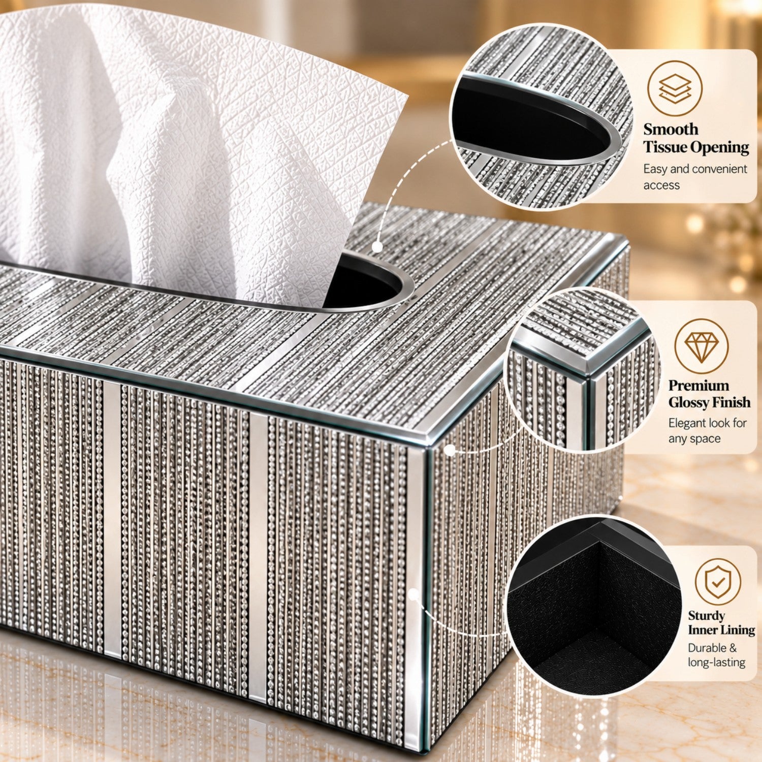 Kookee Glass Mirror Tissue Box for Home and Office Decor, Set of 1