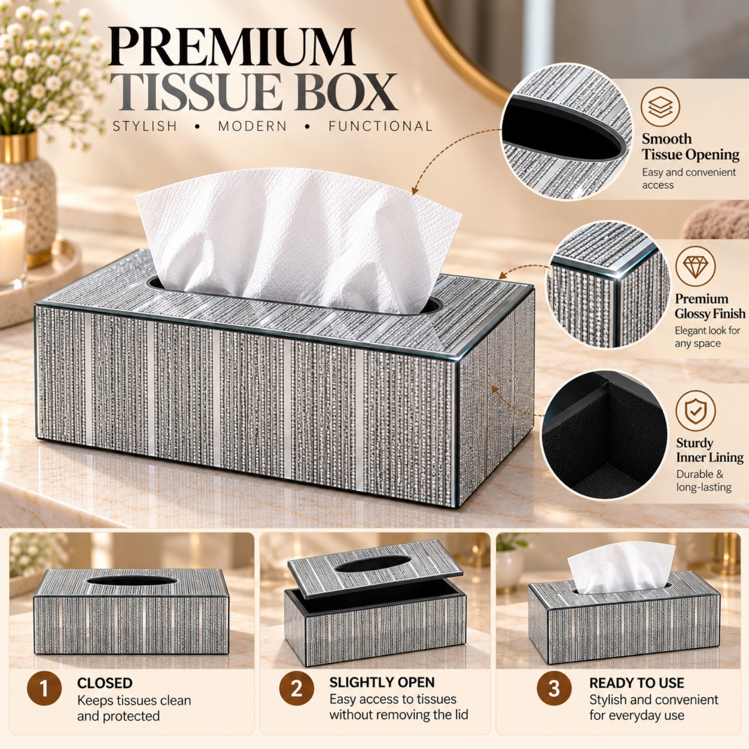 Kookee Glass Mirror Tissue Box for Home and Office Decor, Set of 1