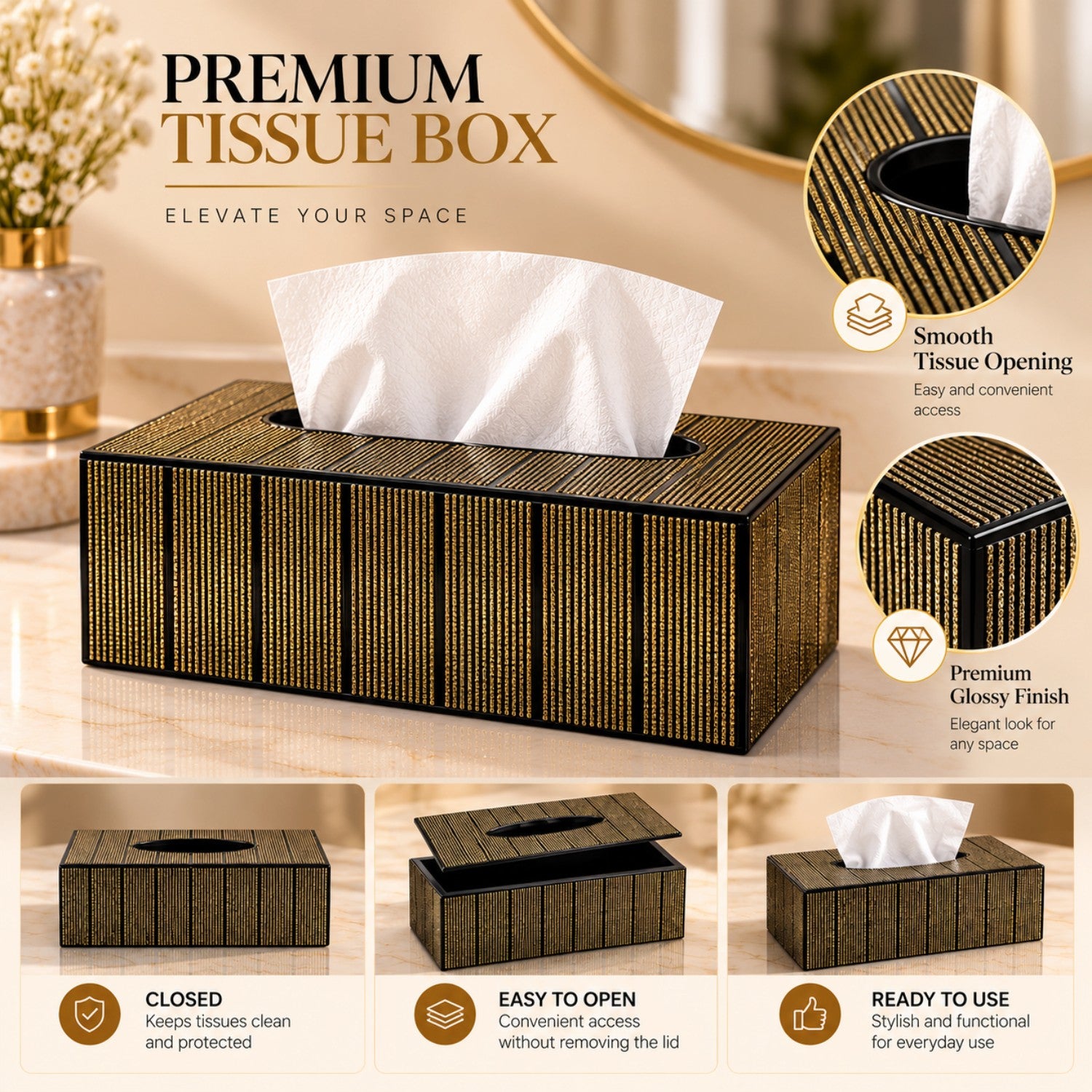 Kookee Glass Mirror Tissue Box for Home and Office Decor, Set of 1