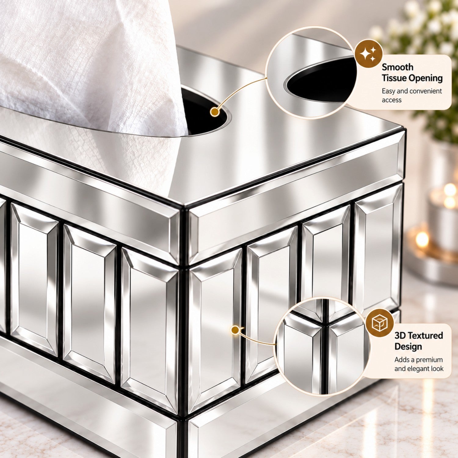 Kookee Glass Mirror Tissue Box for Home and Office Decor, Set of 1
