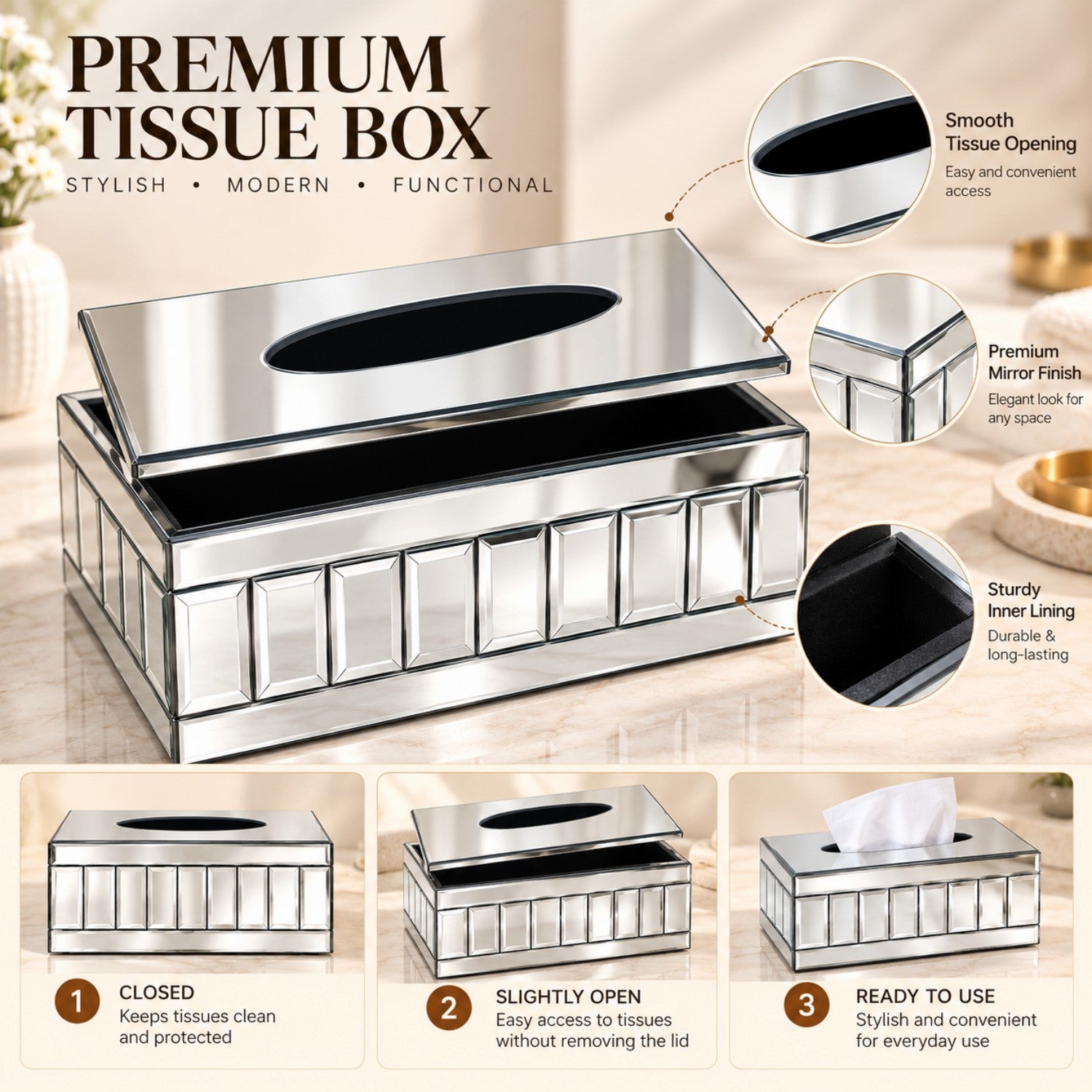 Kookee Glass Mirror Tissue Box for Home and Office Decor, Set of 1
