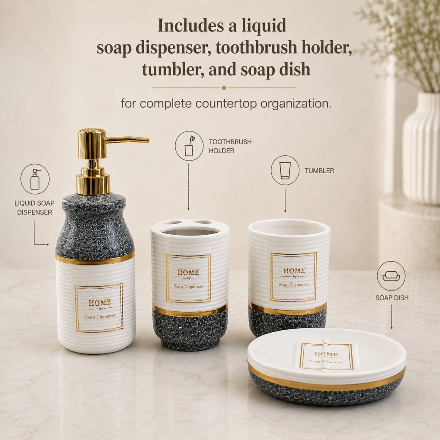Kookee Ceramic Bathroom Sets, Grey, ART12409