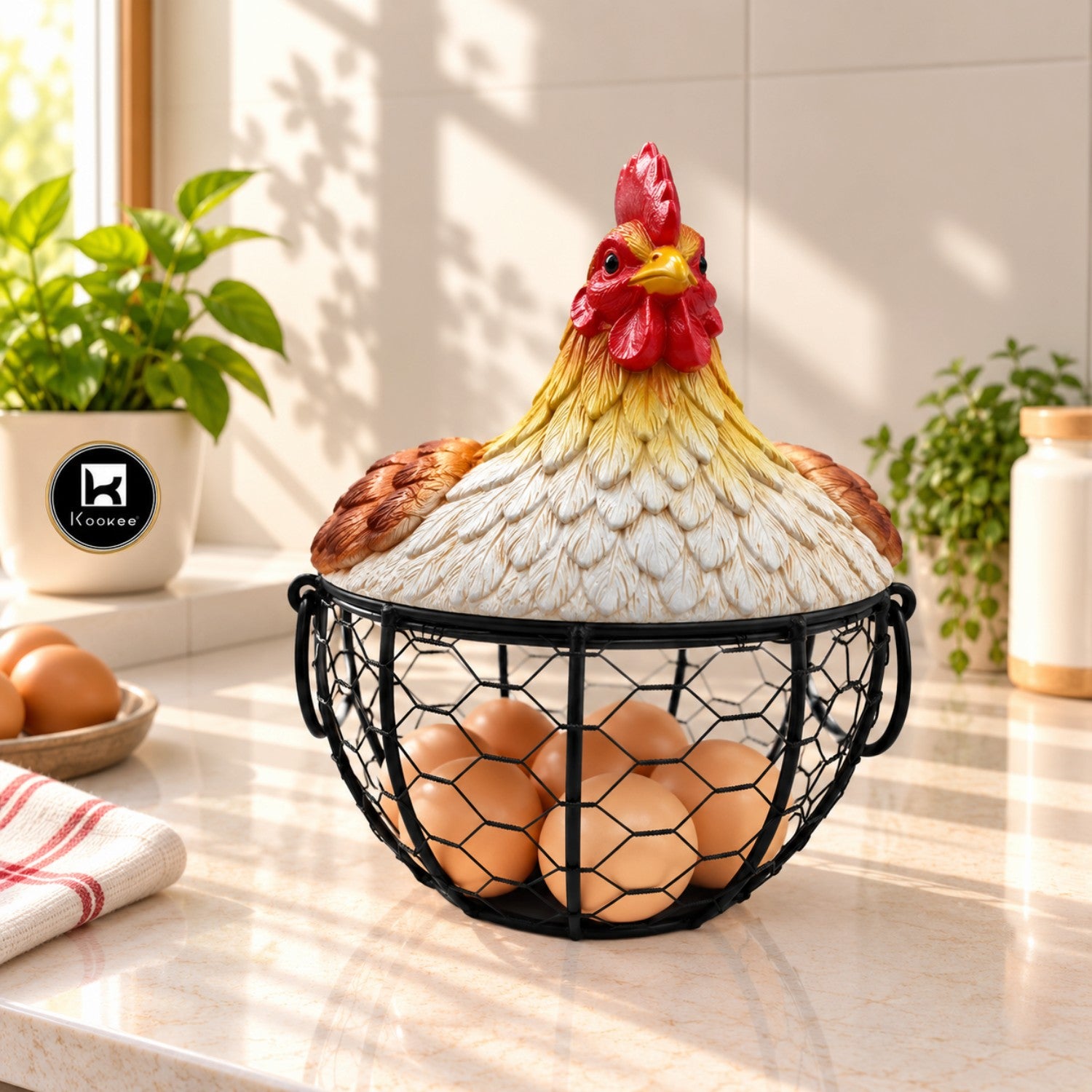 Kookee Wire Mesh Chicken Egg Basket with Polyresin Lid for Kitchen
