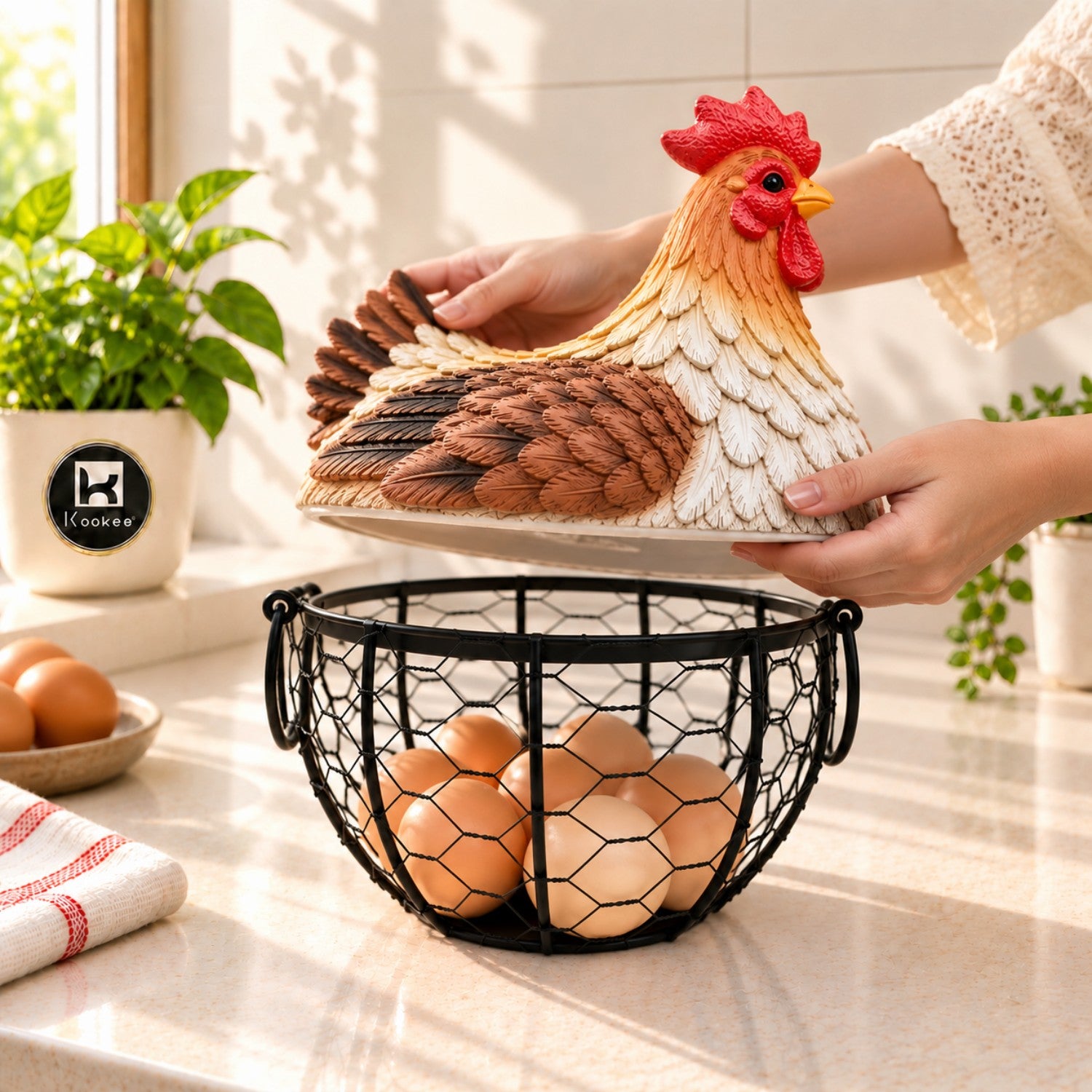 Kookee Wire Mesh Chicken Egg Basket with Polyresin Lid for Kitchen