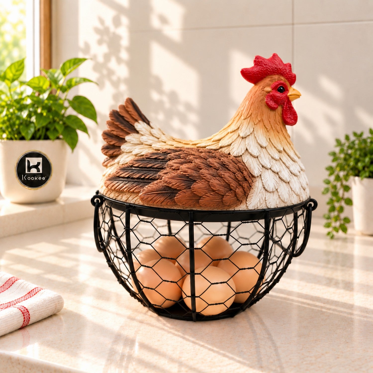 Kookee Wire Mesh Chicken Egg Basket with Polyresin Lid for Kitchen