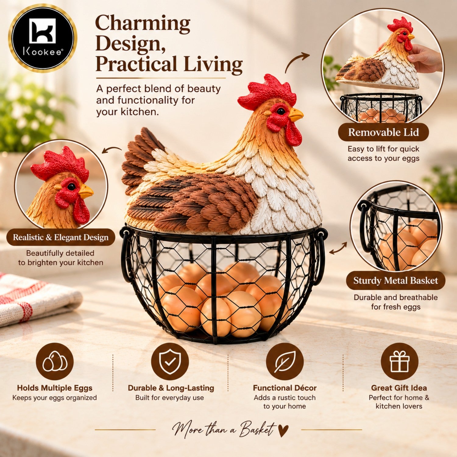 Kookee Wire Mesh Chicken Egg Basket with Polyresin Lid for Kitchen