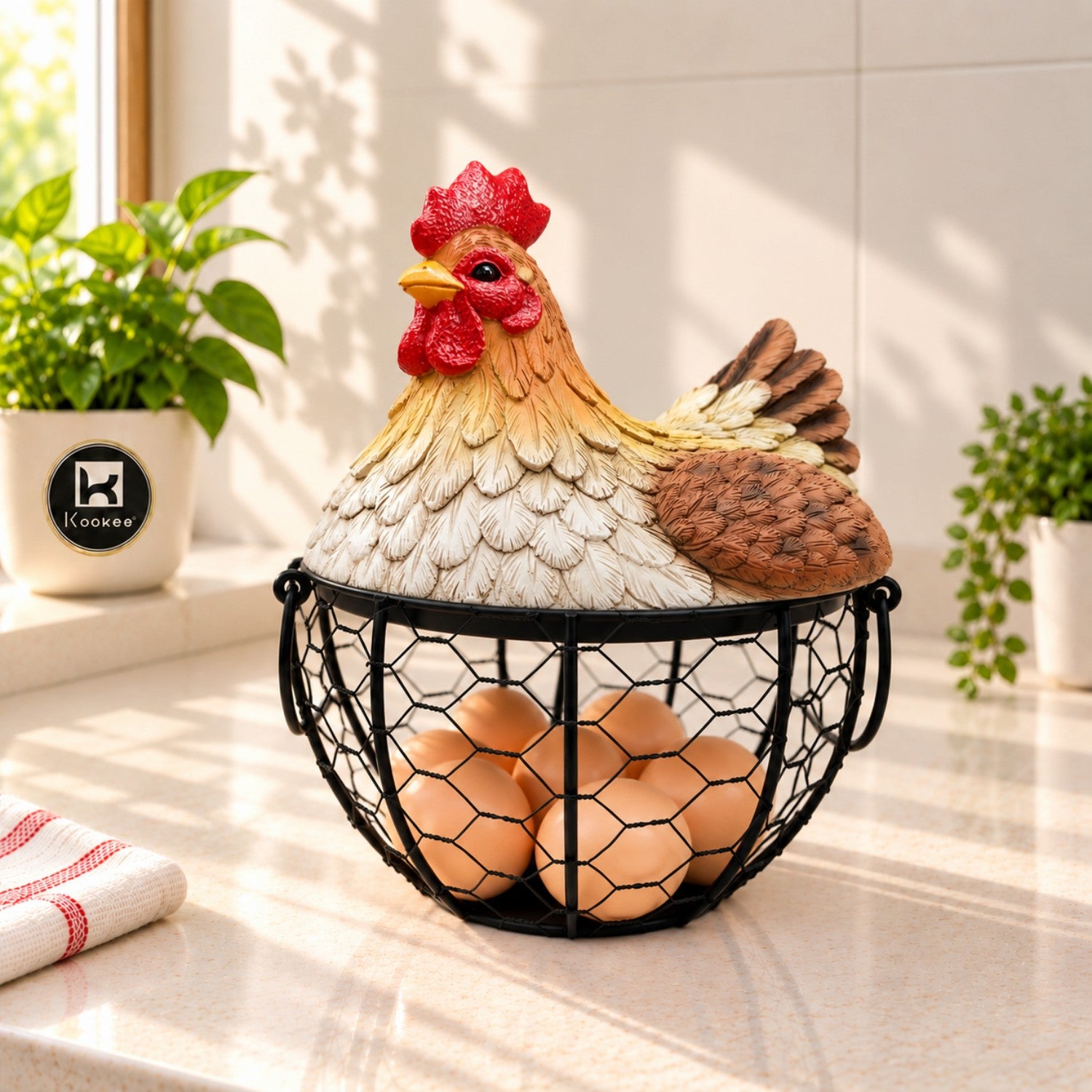 Kookee Wire Mesh Chicken Egg Basket with Polyresin Lid for Kitchen
