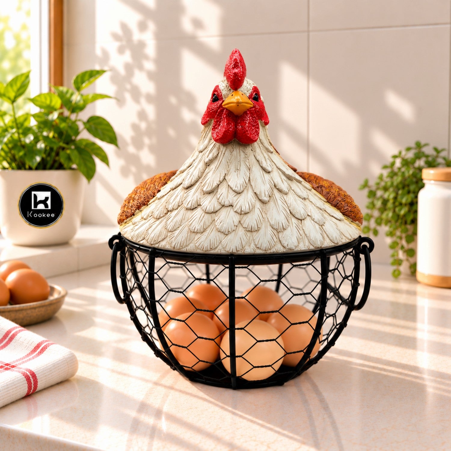 Kookee Wire Mesh Chicken Egg Basket with Polyresin Lid for Kitchen