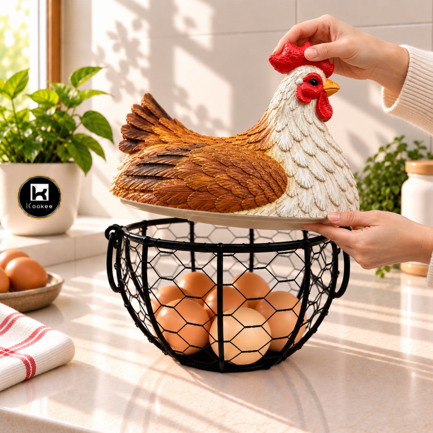 Kookee Wire Mesh Chicken Egg Basket with Polyresin Lid for Kitchen