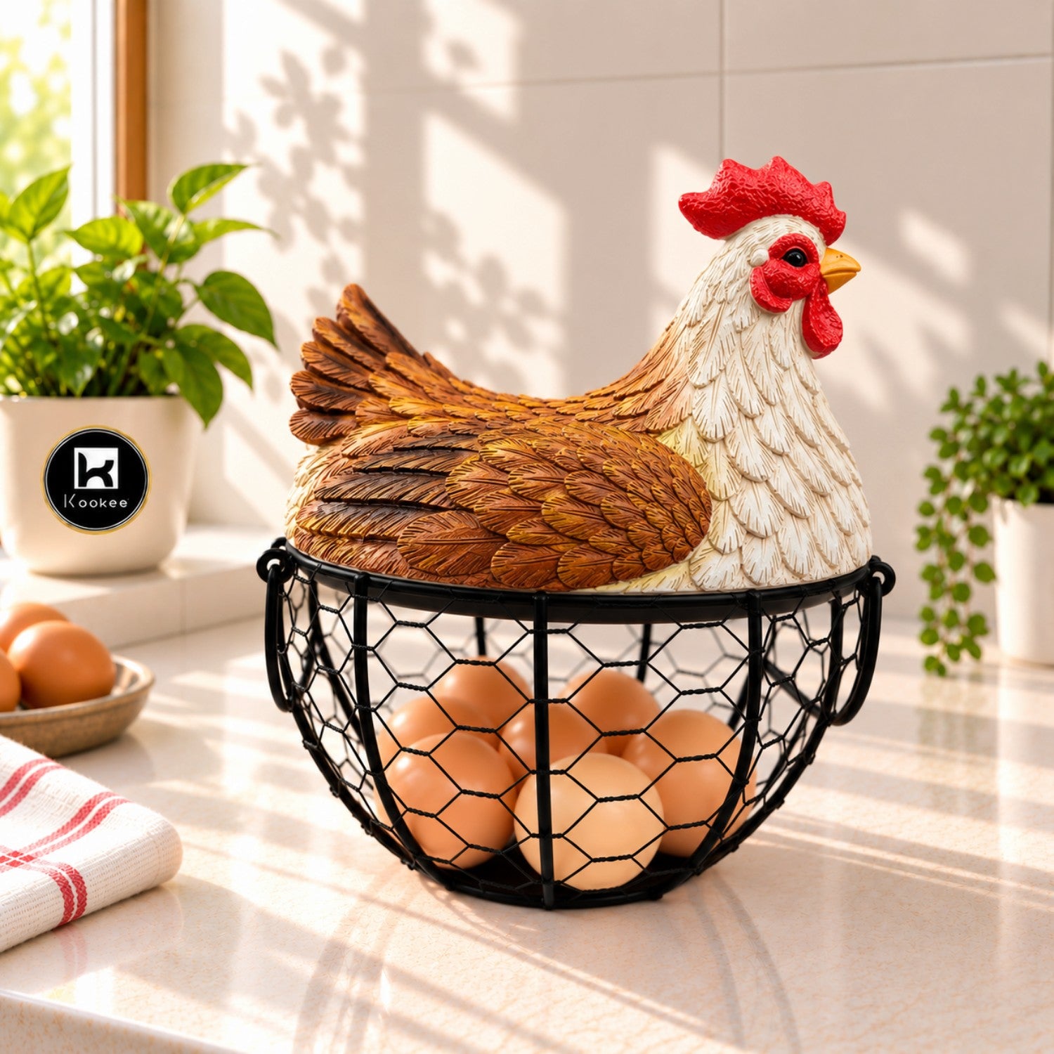 Kookee Wire Mesh Chicken Egg Basket with Polyresin Lid for Kitchen