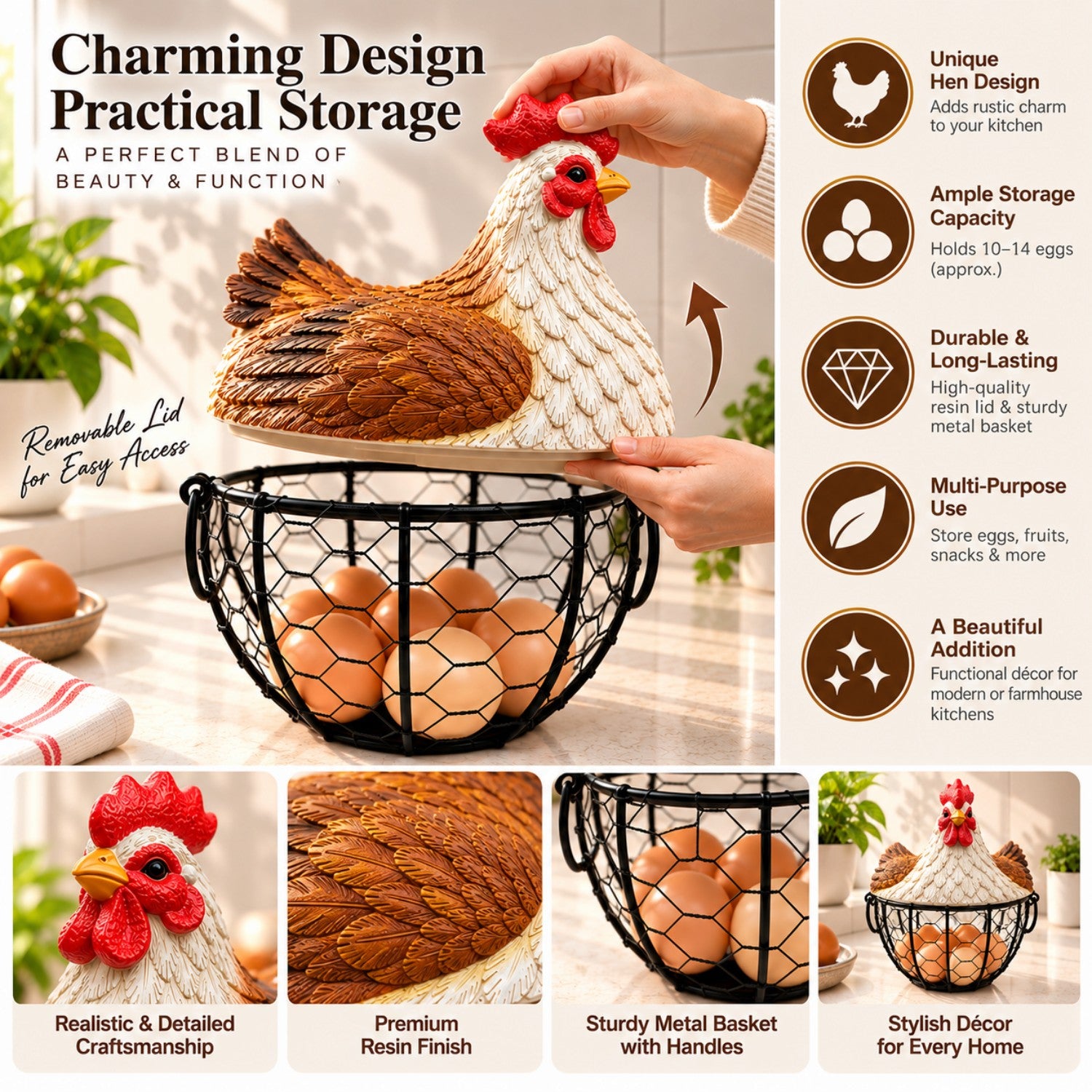 Kookee Wire Mesh Chicken Egg Basket with Polyresin Lid for Kitchen