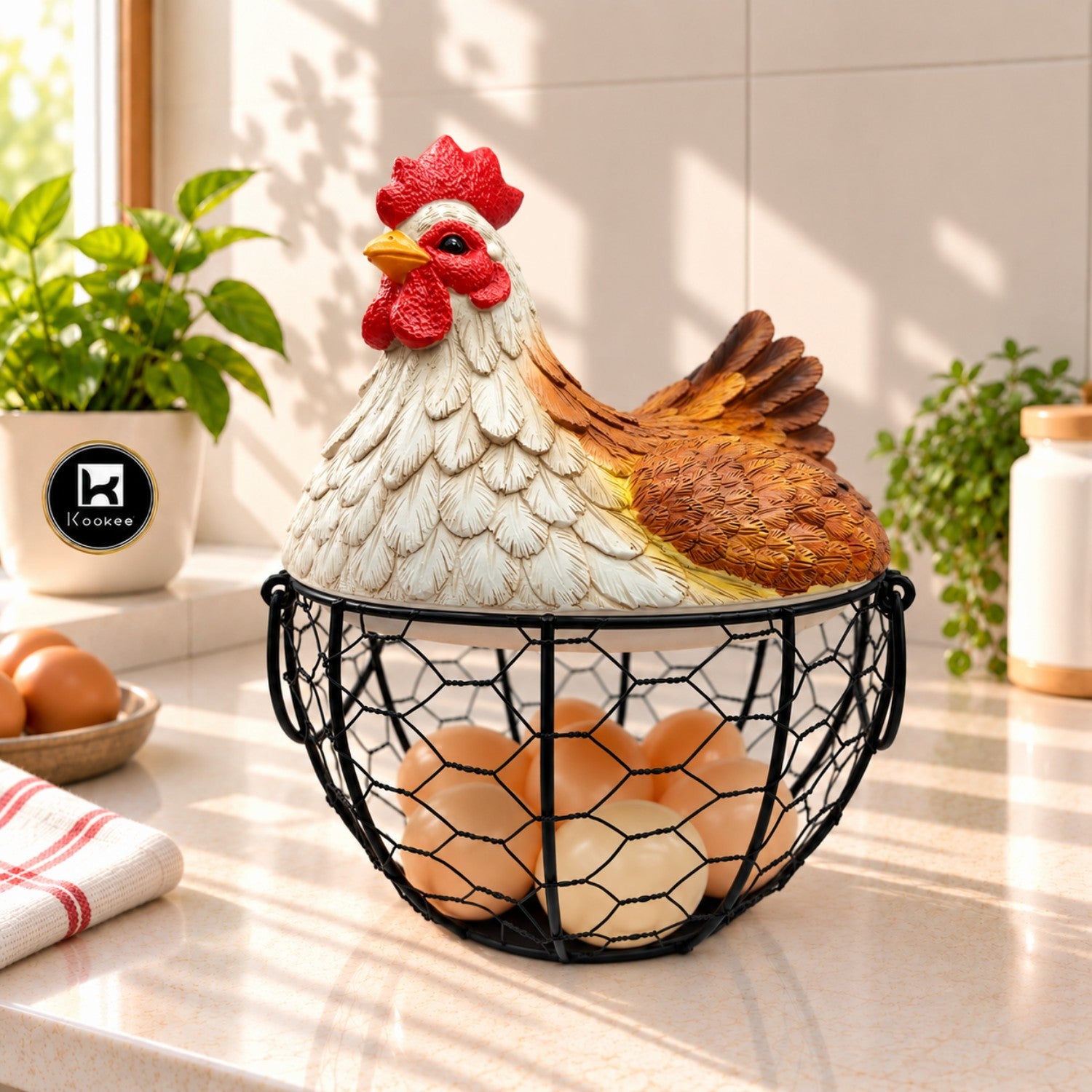 Kookee Wire Mesh Chicken Egg Basket with Polyresin Lid for Kitchen