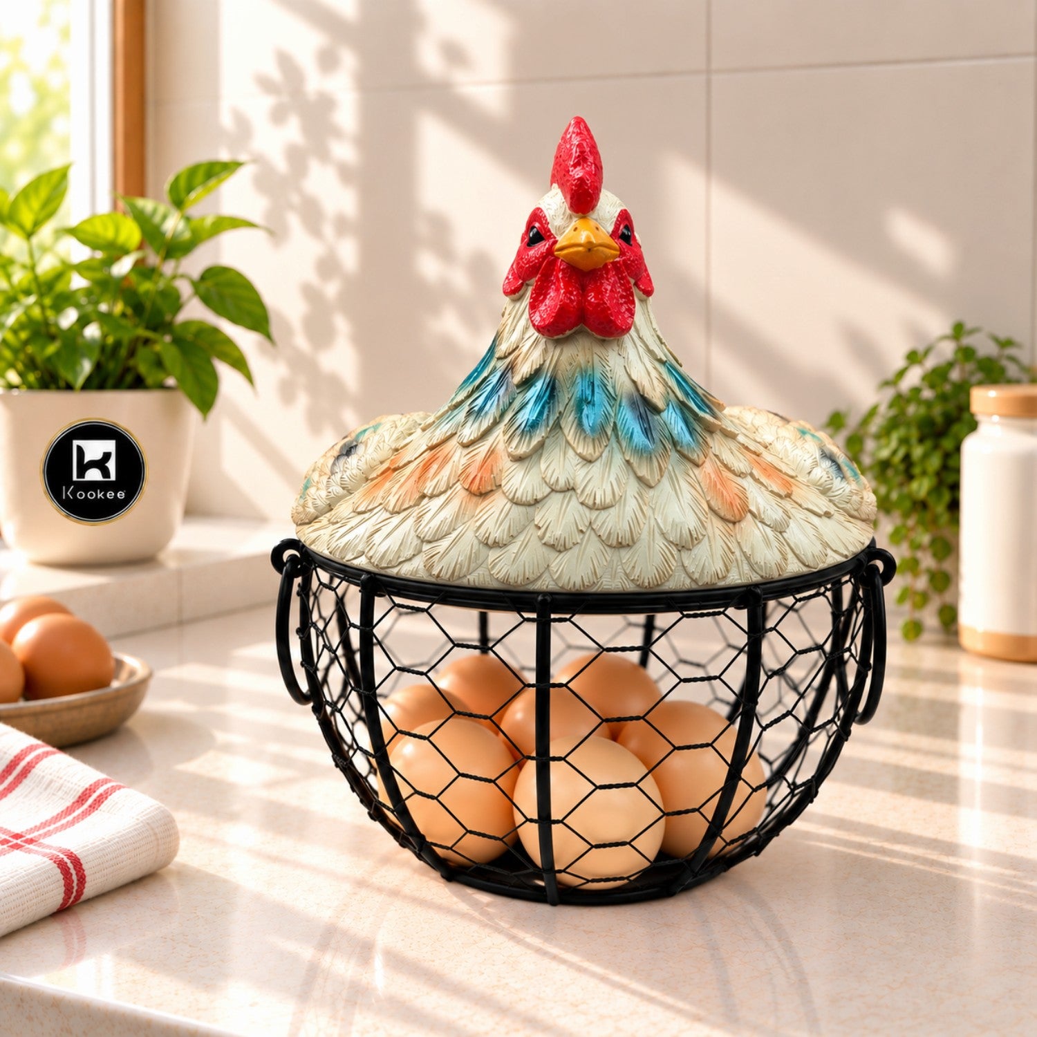 Kookee Wire Mesh Chicken Egg Basket with Polyresin Lid for Kitchen