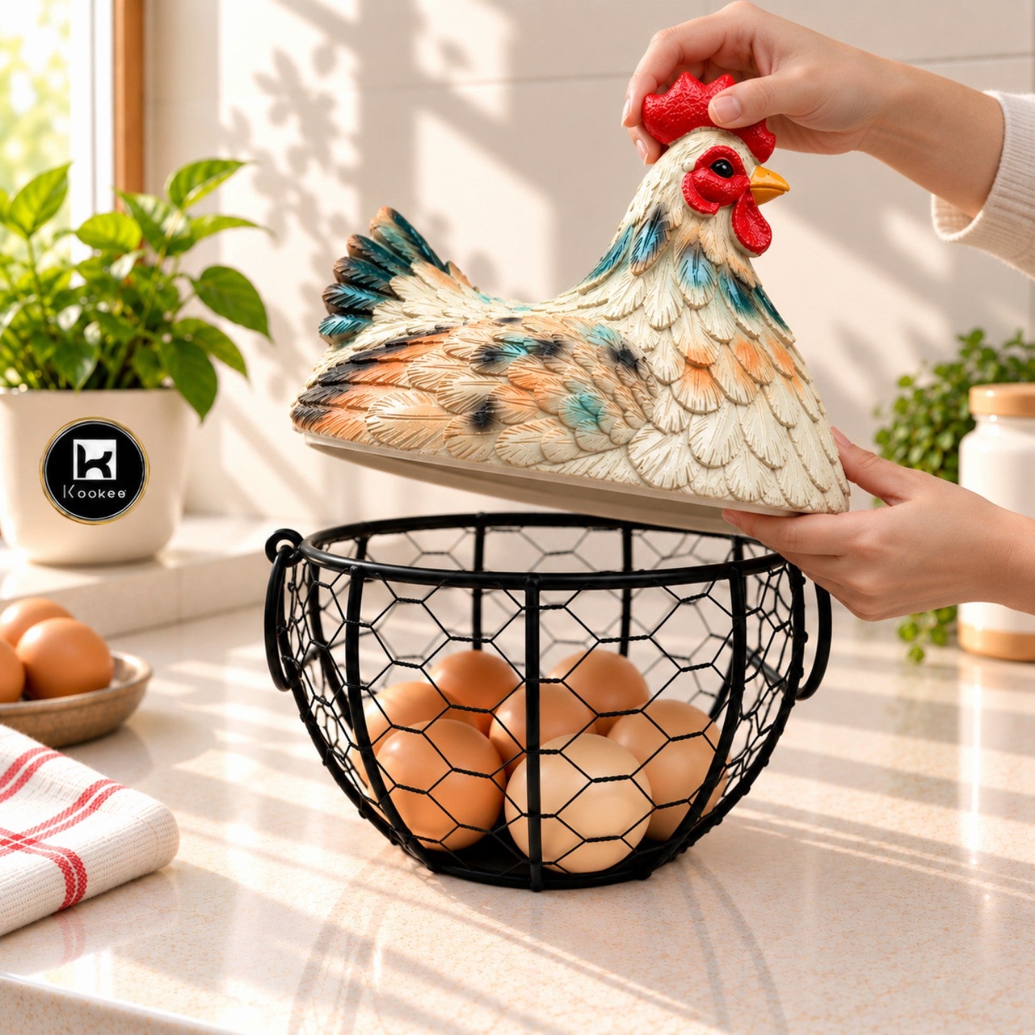 Kookee Wire Mesh Chicken Egg Basket with Polyresin Lid for Kitchen