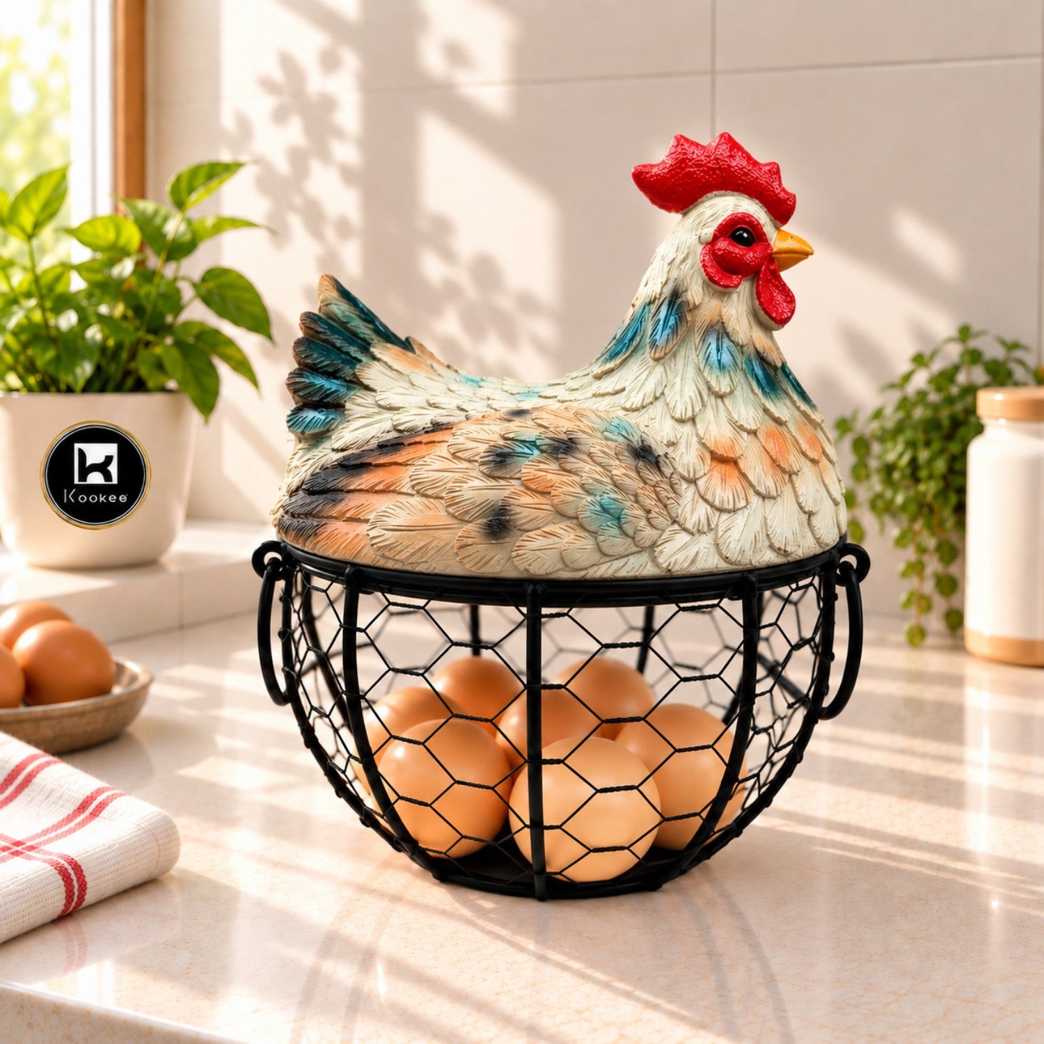 Kookee Wire Mesh Chicken Egg Basket with Polyresin Lid for Kitchen