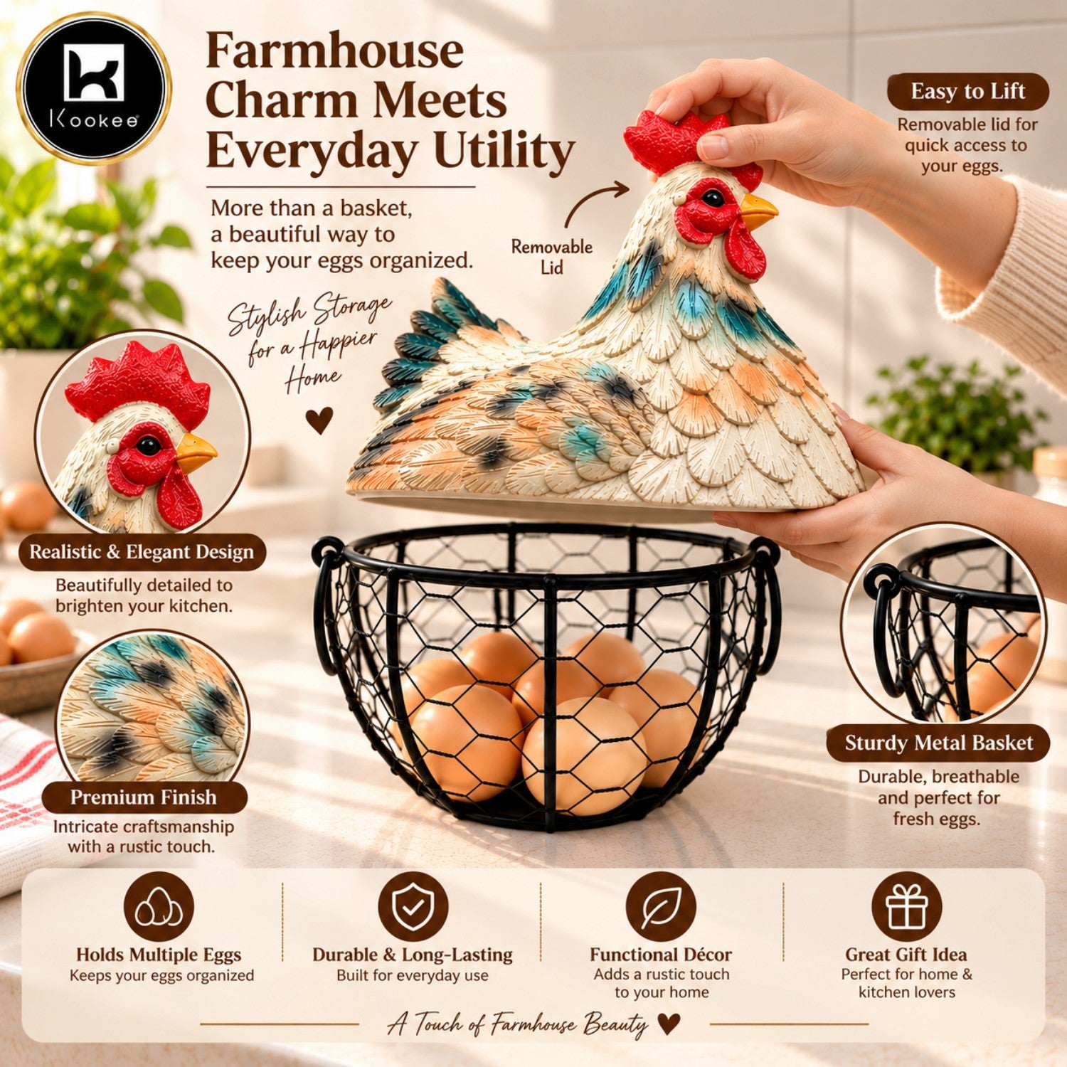 Kookee Wire Mesh Chicken Egg Basket with Polyresin Lid for Kitchen