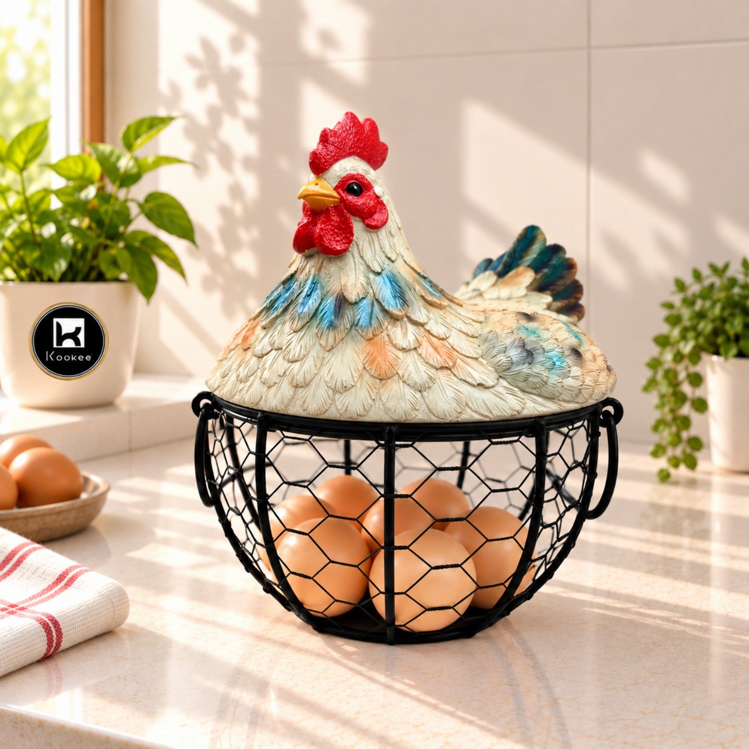 Kookee Wire Mesh Chicken Egg Basket with Polyresin Lid for Kitchen
