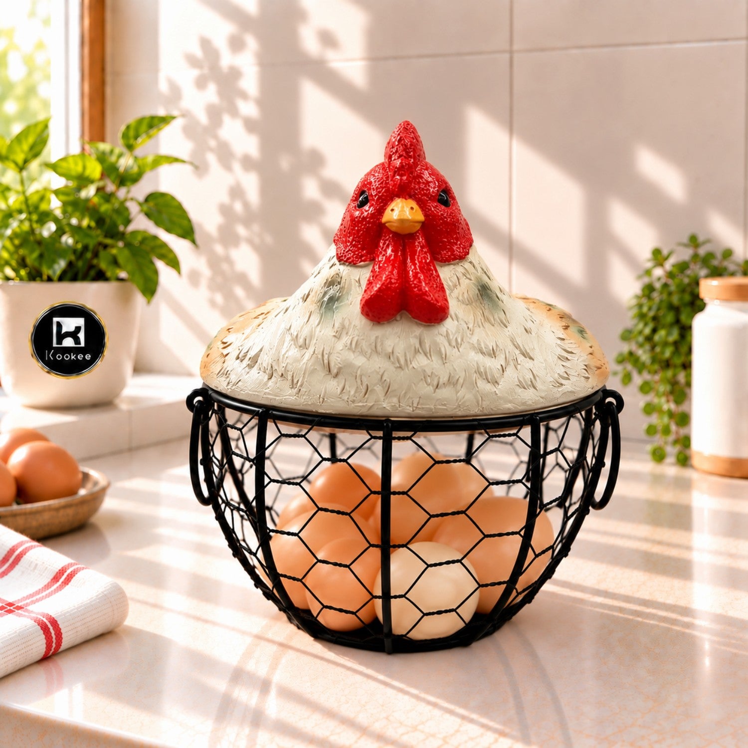 Kookee Decorative Chicken Egg Storage Basket with Metal Wire Holder for Kitchen