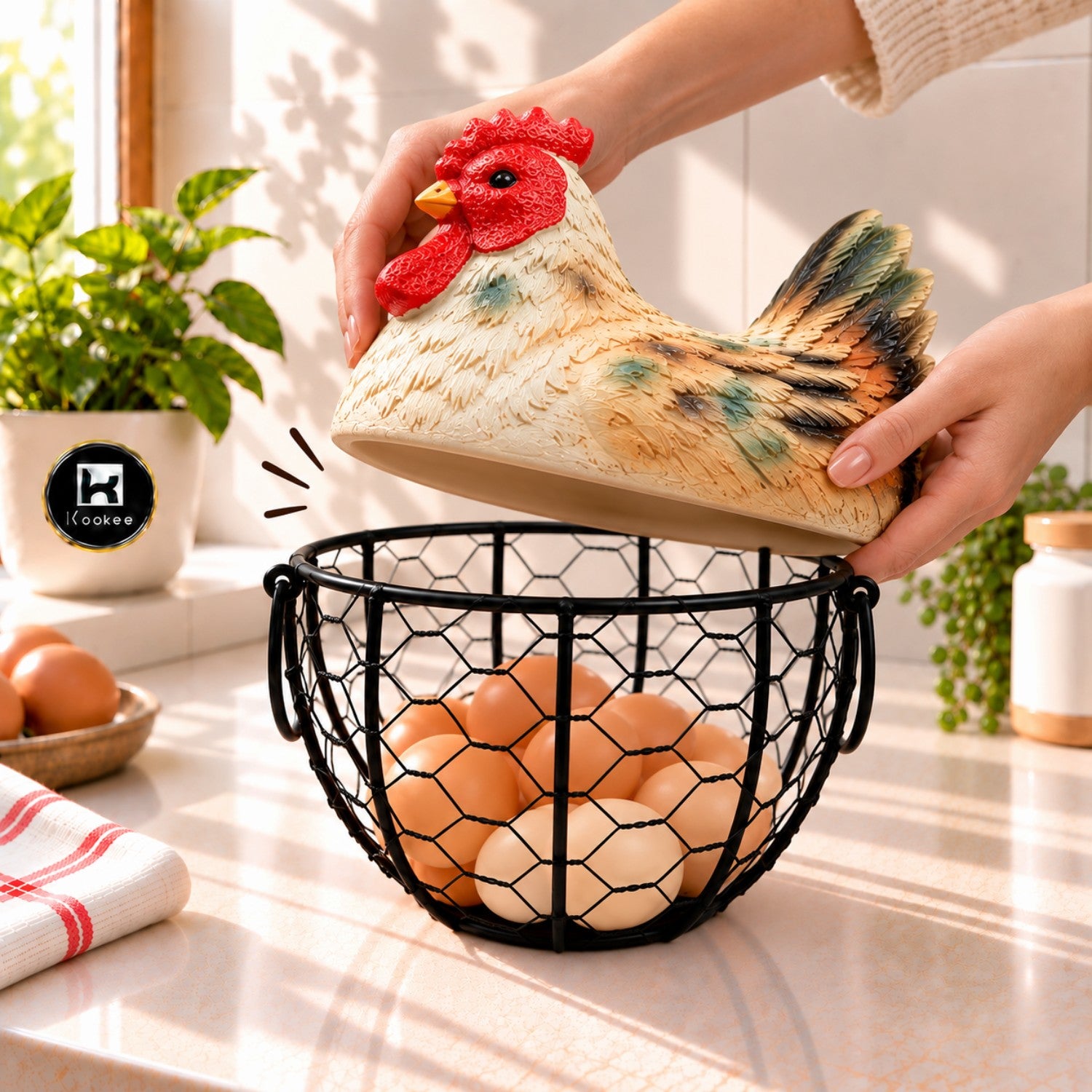 Kookee Decorative Chicken Egg Storage Basket with Metal Wire Holder for Kitchen
