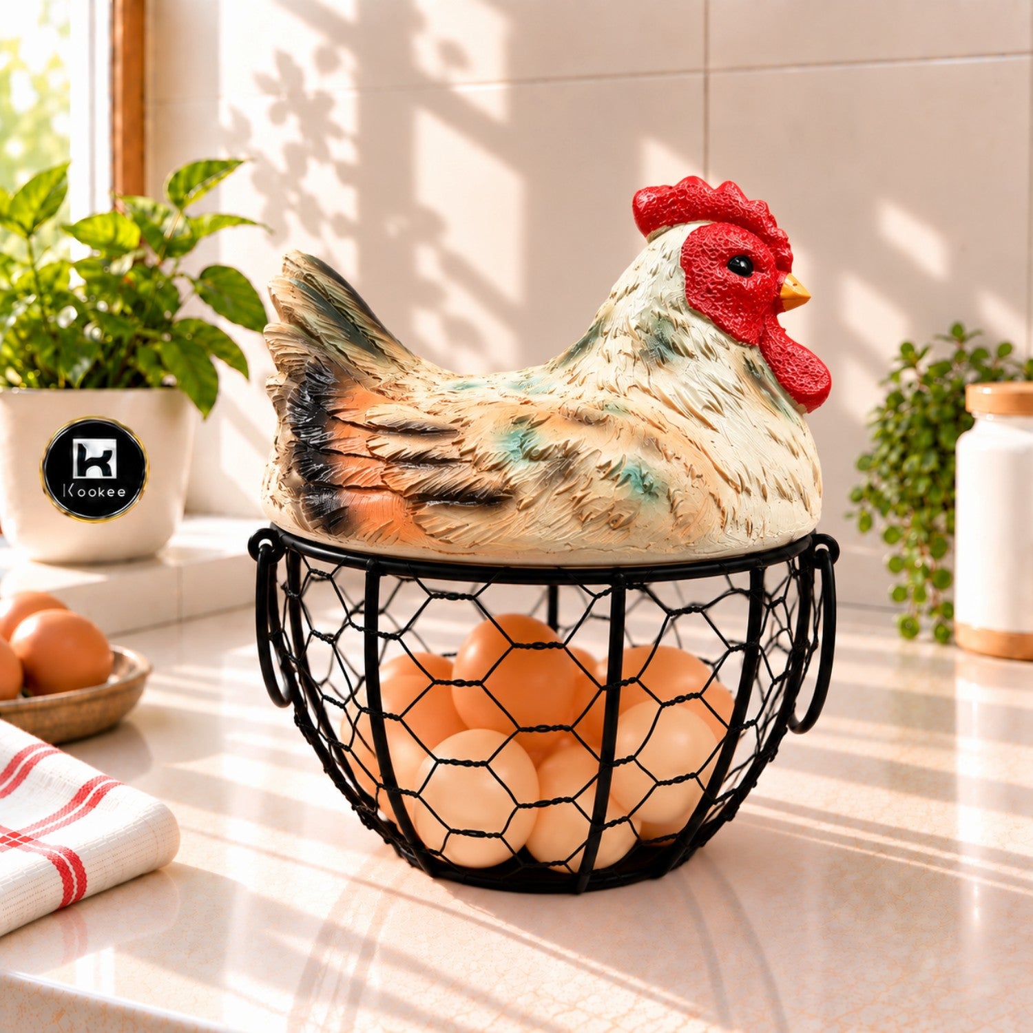 Kookee Decorative Chicken Egg Storage Basket with Metal Wire Holder for Kitchen