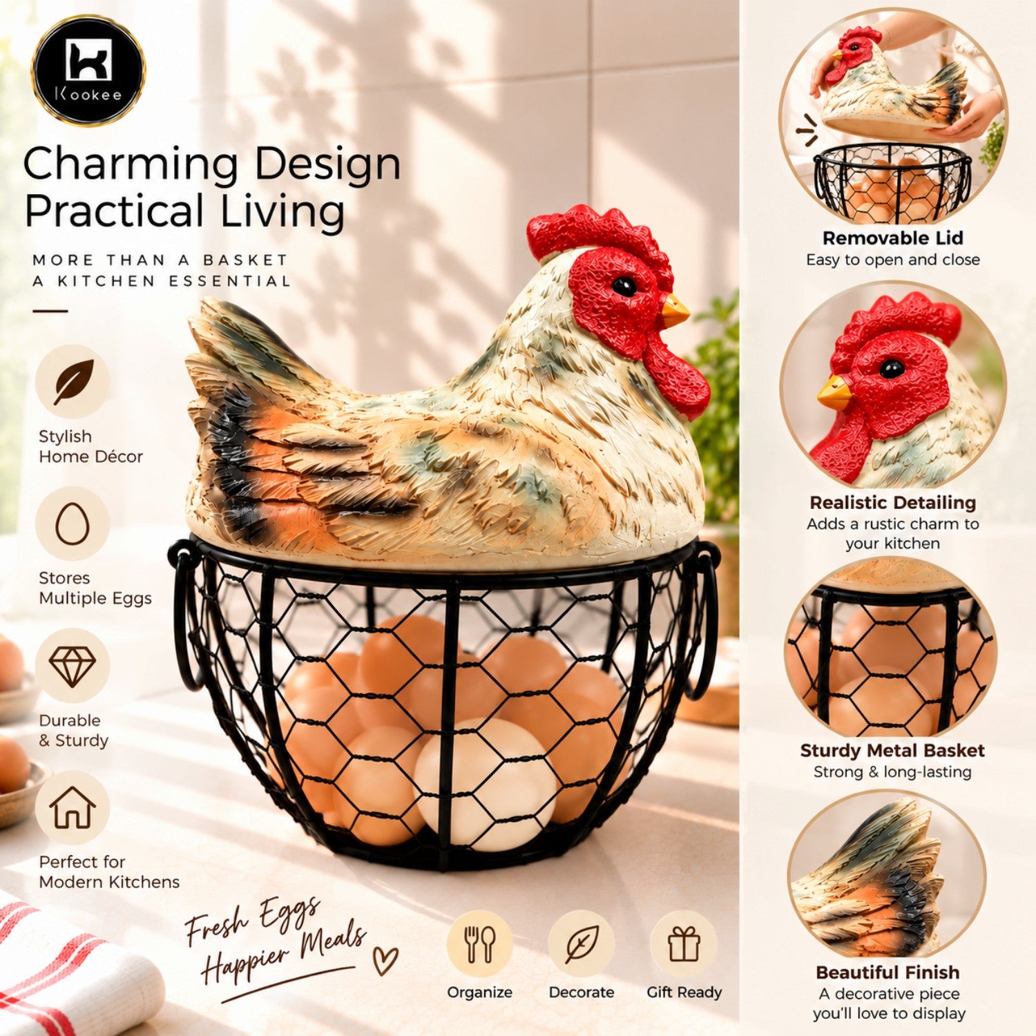 Kookee Decorative Chicken Egg Storage Basket with Metal Wire Holder for Kitchen