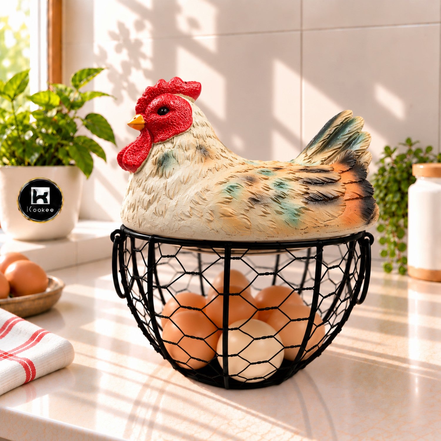 Kookee Decorative Chicken Egg Storage Basket with Metal Wire Holder for Kitchen