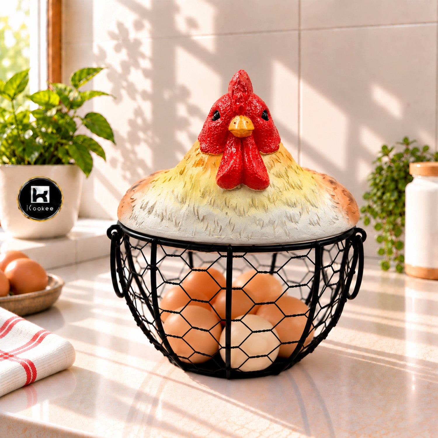 Kookee Decorative Chicken Egg Storage Basket with Metal Wire Holder for Kitchen