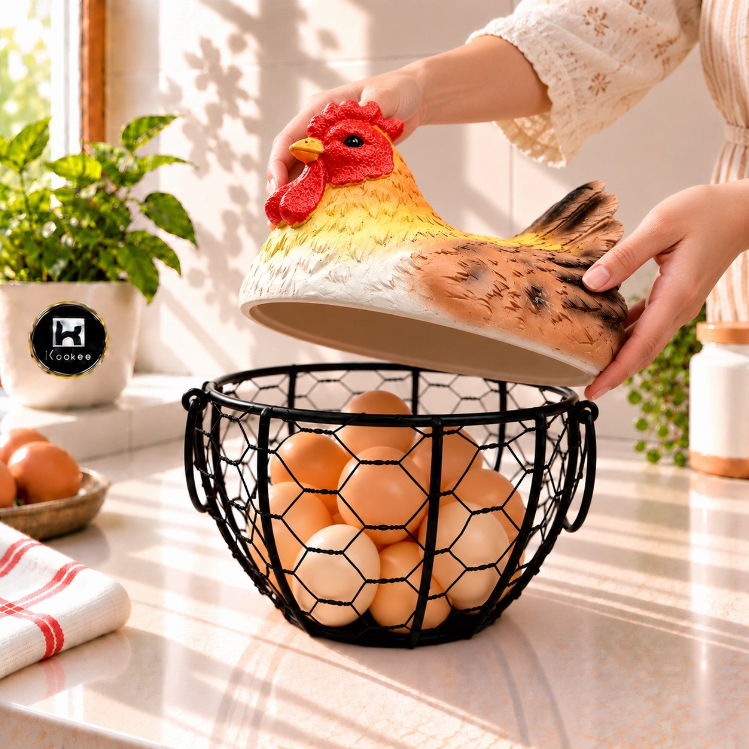 Kookee Decorative Chicken Egg Storage Basket with Metal Wire Holder for Kitchen