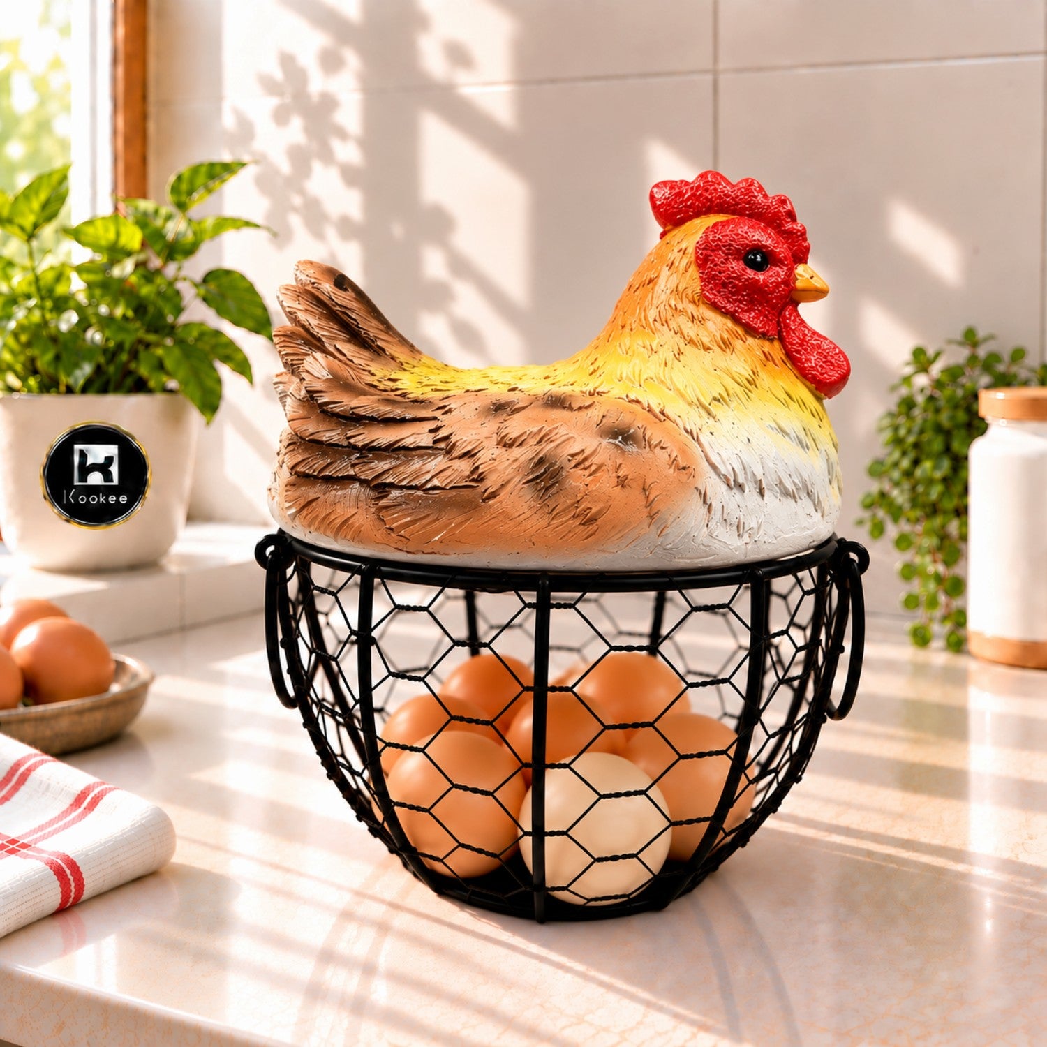 Kookee Decorative Chicken Egg Storage Basket with Metal Wire Holder for Kitchen