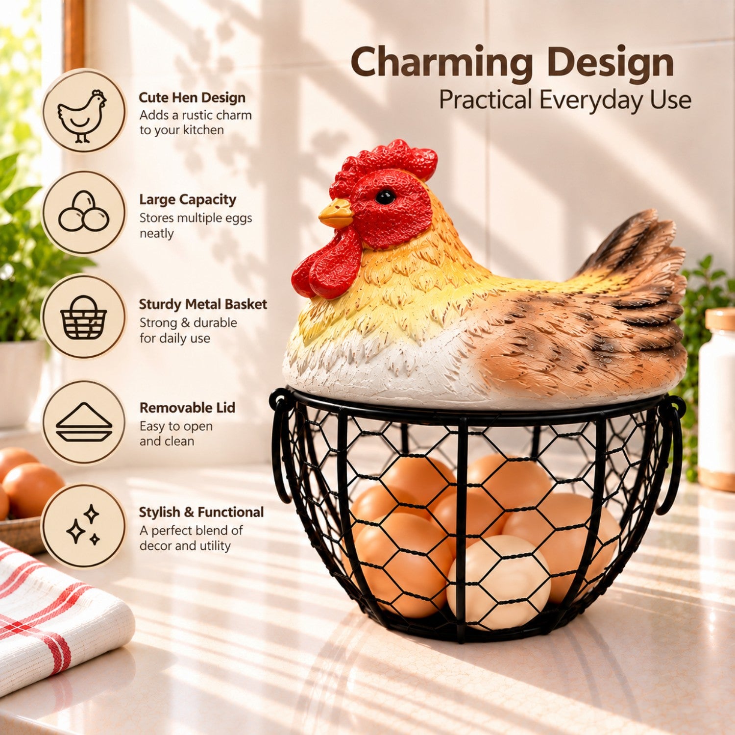 Kookee Decorative Chicken Egg Storage Basket with Metal Wire Holder for Kitchen